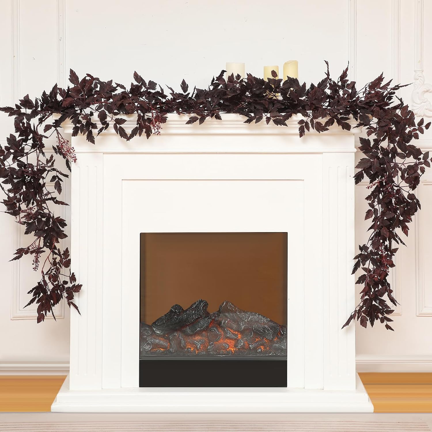 Zeyune Plum Cimicifuga Seeded Garland Fall Leaf Garland Artificial Cimicifuga Ramosa Plant Leaf Garlands for Autumn Halloween Thanksgiving Day Table Mantle Wedding Decoration (2 Pcs, 9 ft)