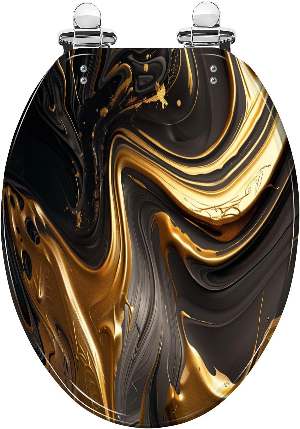 Elongated Toilet Seat Abstract marble fluid art alcohol ink style mix black gold Beautiful Resin Toilet Seat Slow Quiet Close with Quick-Release Hinges Toilet Seat with Cover Easy to Clean Install