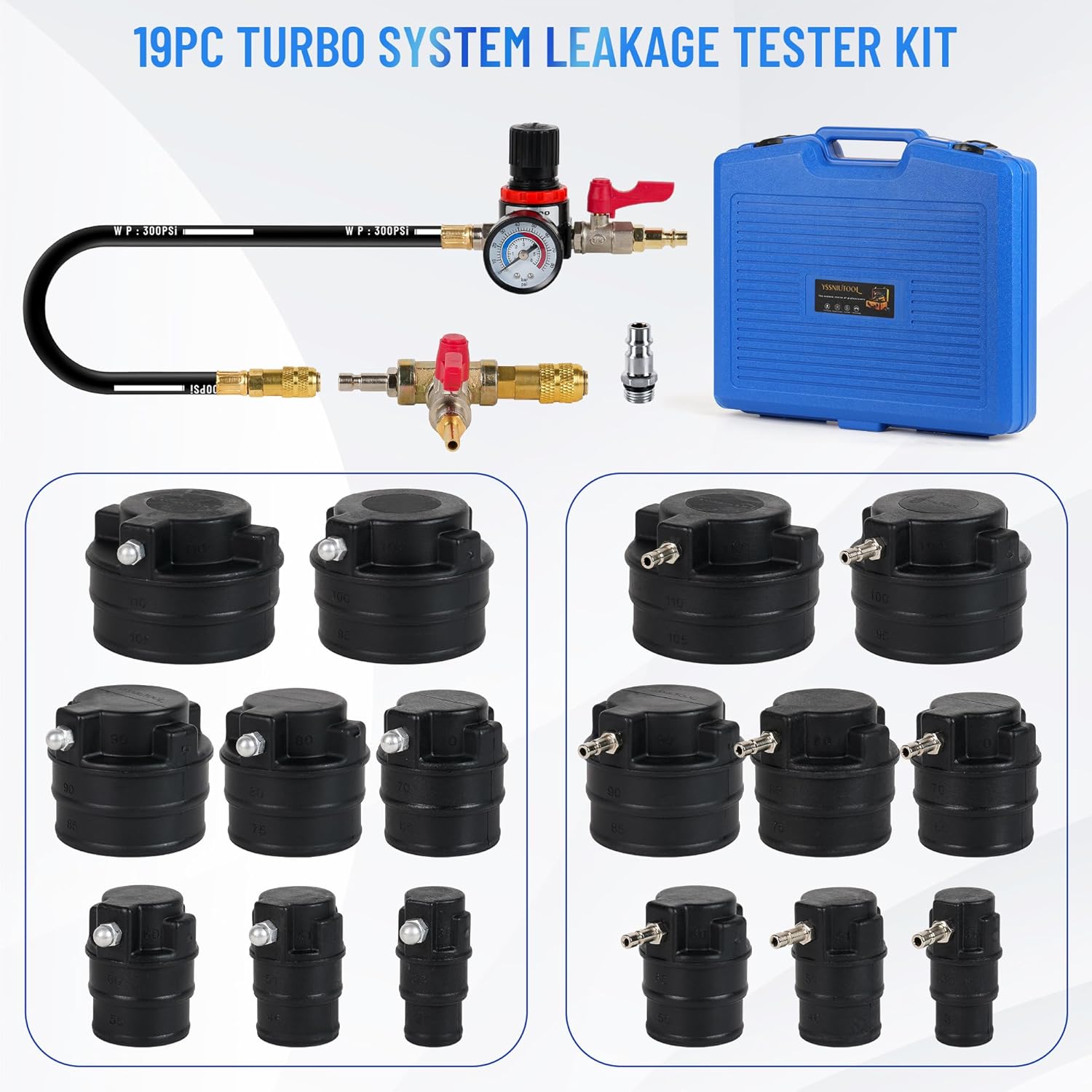 19Pcs Turbo System Leakage Tester Kit,Turbo Boost Leak Tester Turbocharger Air Pressure Guage Cooling System Intercoolers Radiators Hose Leak Tester with 8 Pairs of Stepped Adapters 1-1/4” to 4-3/8