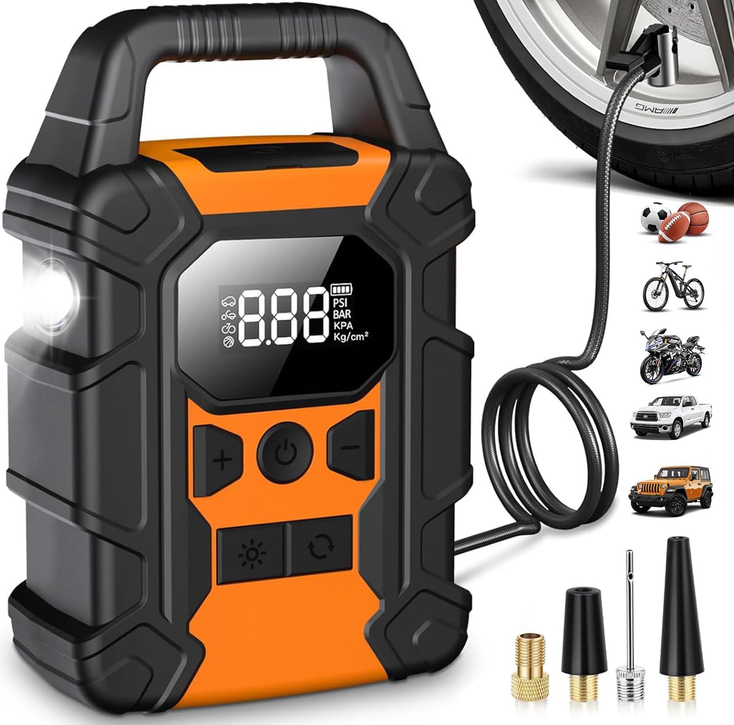 Tire Inflator Portable Air Compressor, 150PSI Air Pump for Car Tires, 20000mAh Rechargeable Car Accessories with Pressure Gauge and LED Light, for Cars, Bikes, Motorcycles