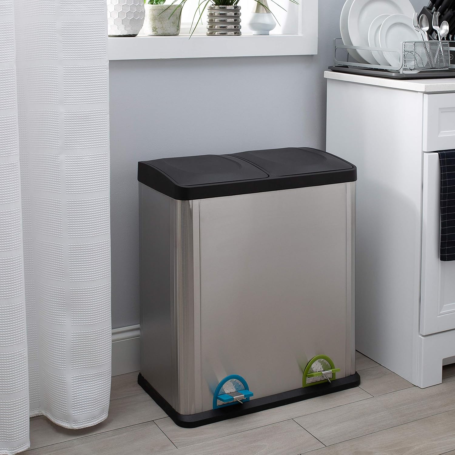 Organize It All Dual Compartment Step-On Recycling Bin Trash Can, 16-Gallon, Silver, Black