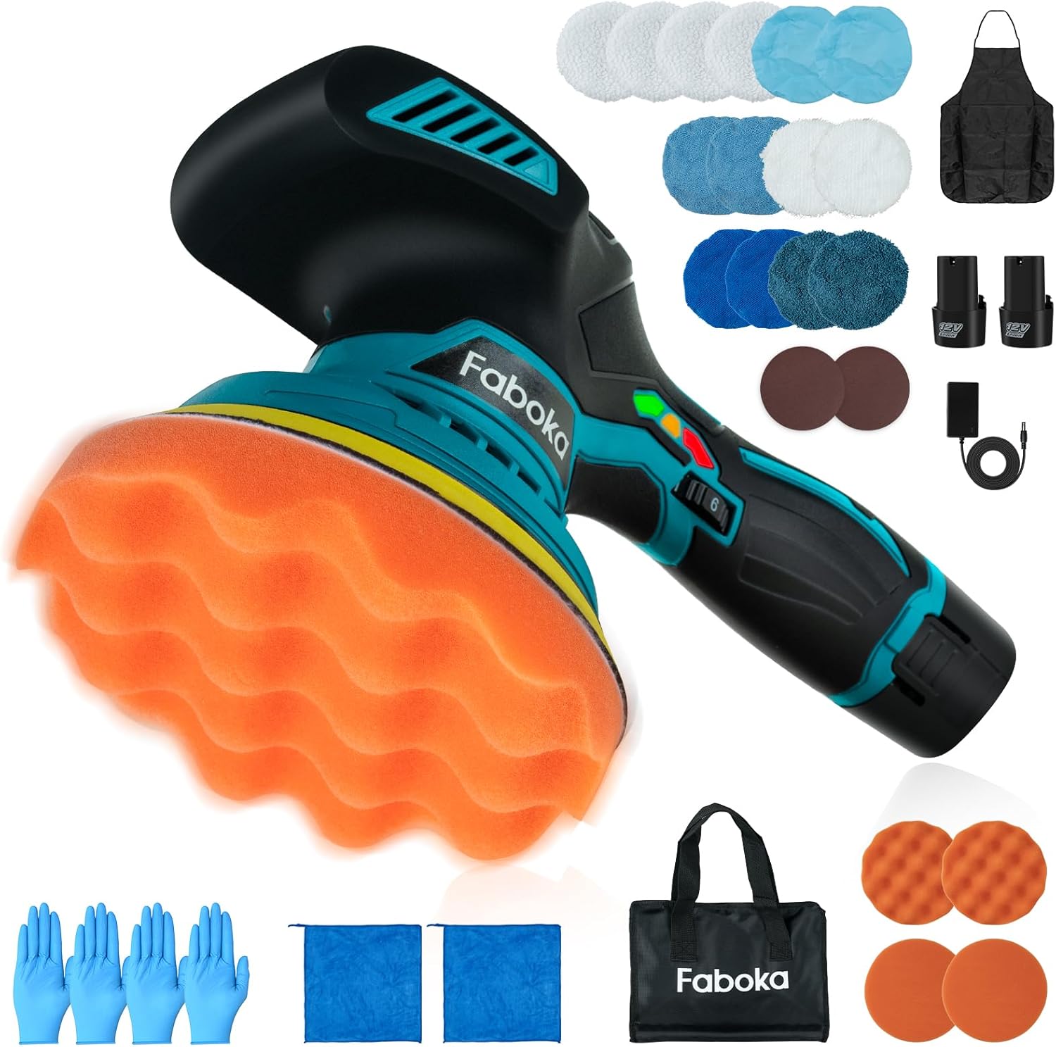 6 Inch Cordless Car Buffer Polisher, 12V Dual-Action Random Orbital Polisher, Portable Polishing Waxer Machine with 2PCS 2.0Ah Rechargeable Batteries, 25PCS Attachments