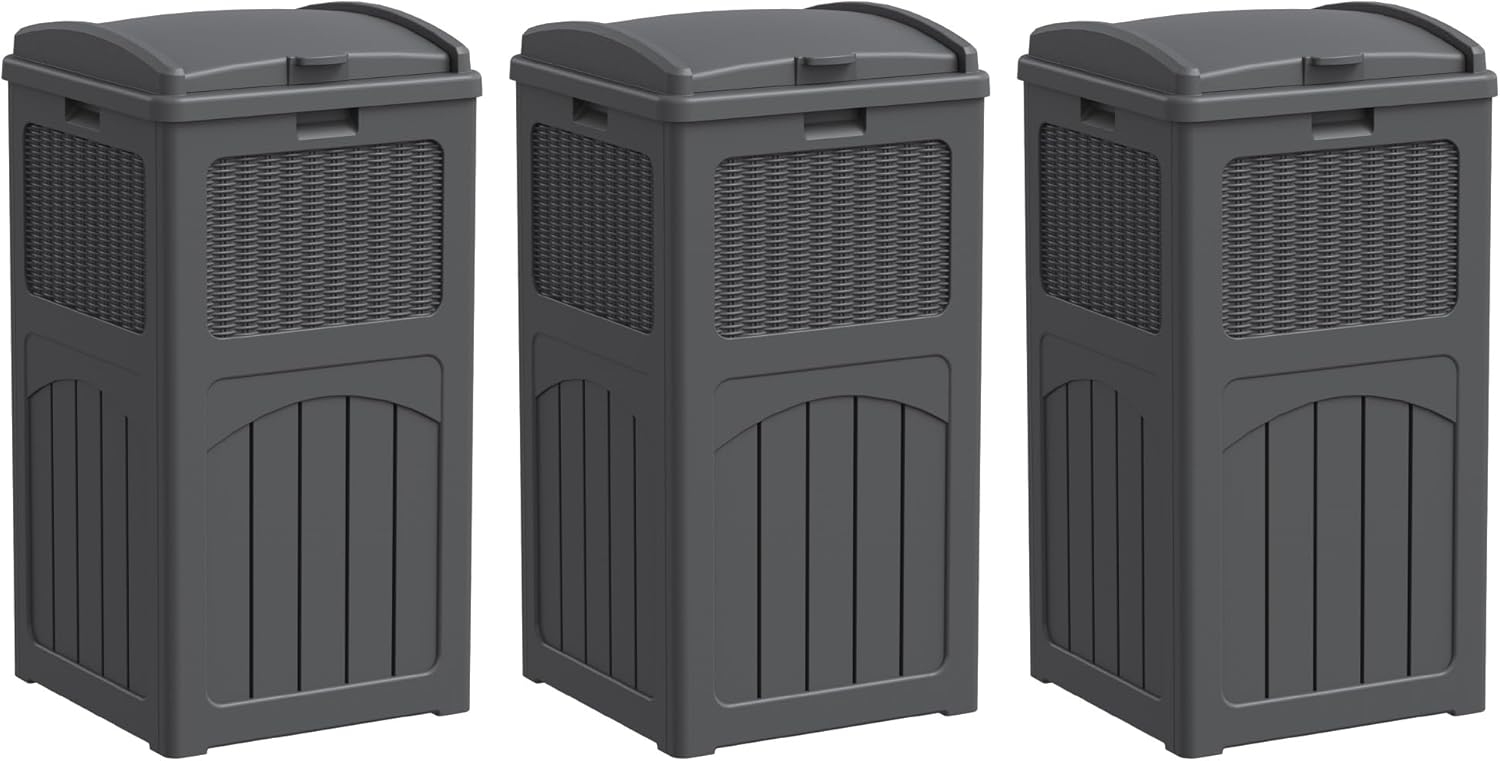 Greesum 33 Gallon Outdoor Trash Can with Lid, Waterproof Resin Garbage Bin for Hideaway, Deck, Patio, 3 Pack, Gray