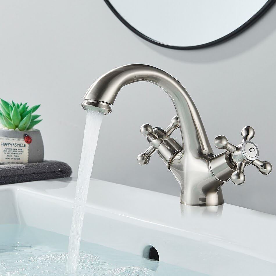 Gold/Antique Brass Bathroom Basin Sink Faucet Bath Wash Basin Mixer Tap Single Hole Solid Brass Deck Mounted Bath Tap(Brushed Nickel)