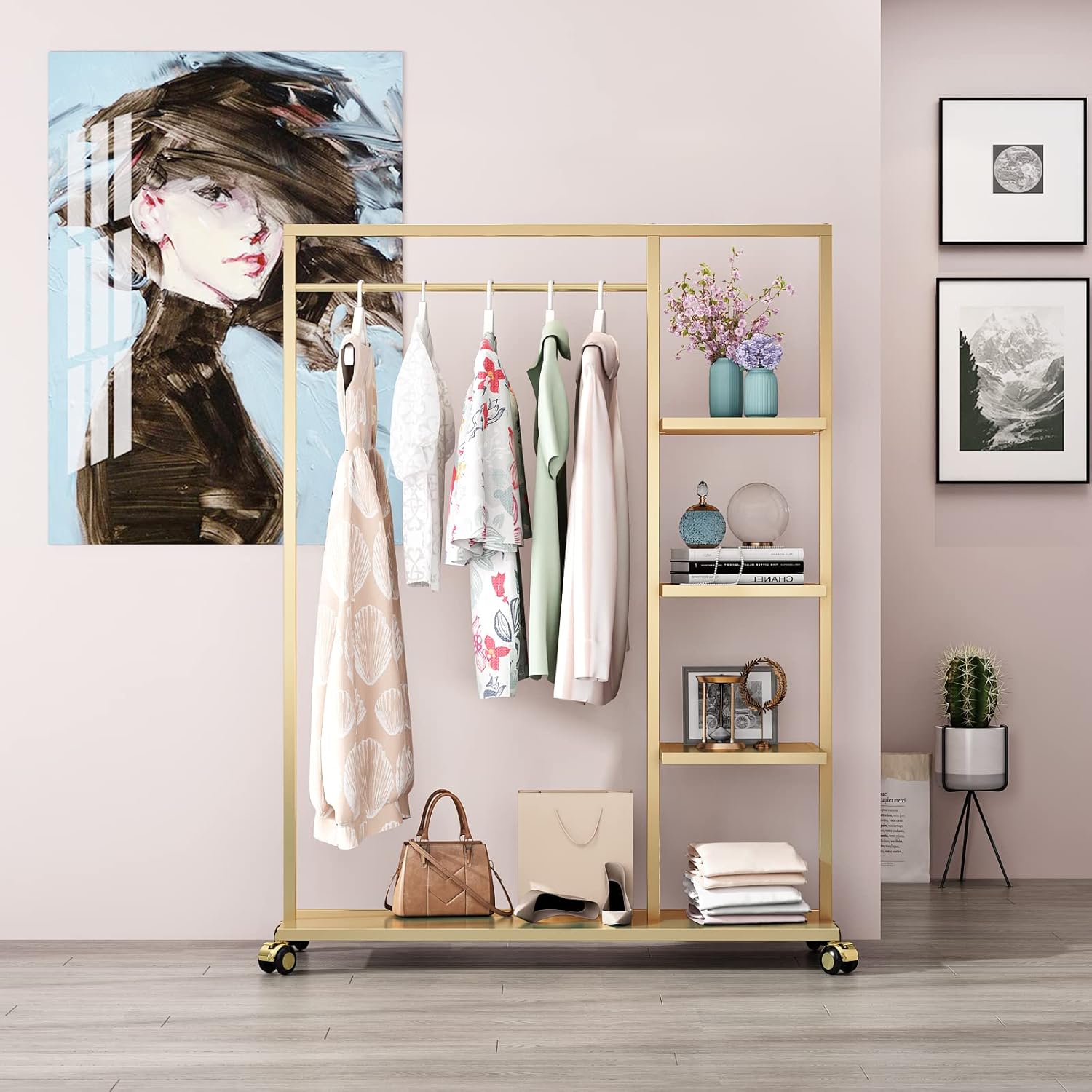 Gold Clothing Racks with Shelf, Boutiques Retail Display Gold Clothes Rack, Multiple Uses Heavy Duty Garment Rack for Hanging Rods for Home and Retail