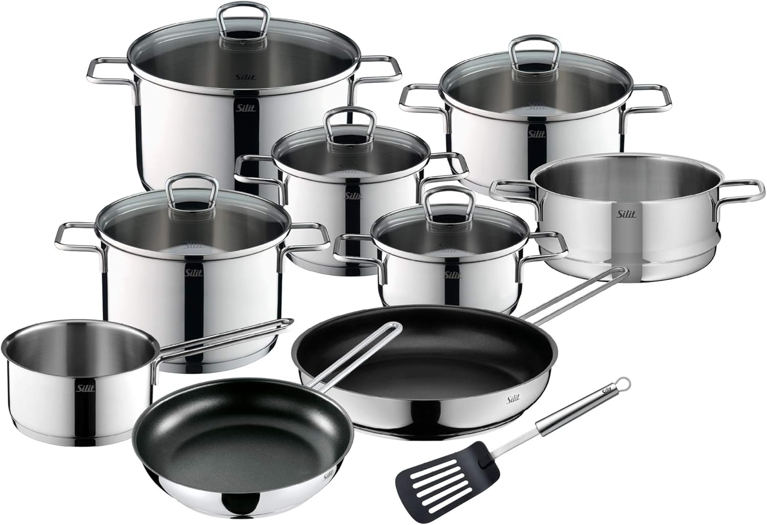 Silit 2109304630 Alicante Kochtopfset Induktion 4-teilig Set with Glass lid, Induction pots, Polished Stainless Steel, uncoated, Oven-Safe, 18/10 rustproof