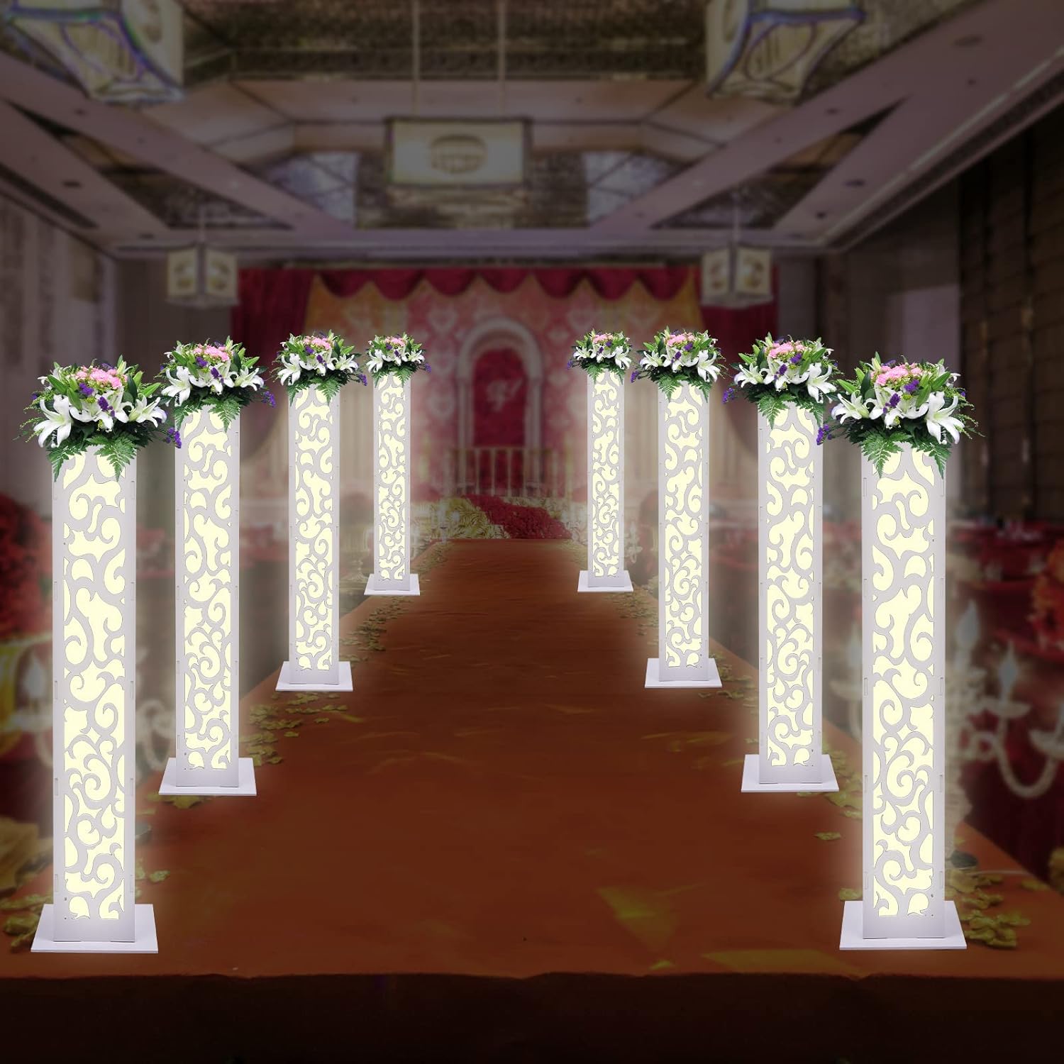 8PCS White Wedding Column Carved Pillar, 47.2 Inch Tall Decoration Flower Stands with LED Lights, PVC Roman Columns Set for Wedding Party Birthday Event