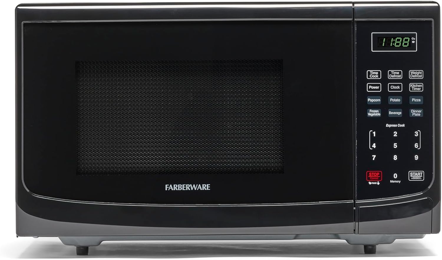 Farberware 0.9 Cu. Ft. Countertop Microwave Oven 900 Watts Power, Auto Cook Settings, Defrost, Easy Clean and Child Safety Lock, Black Stainless