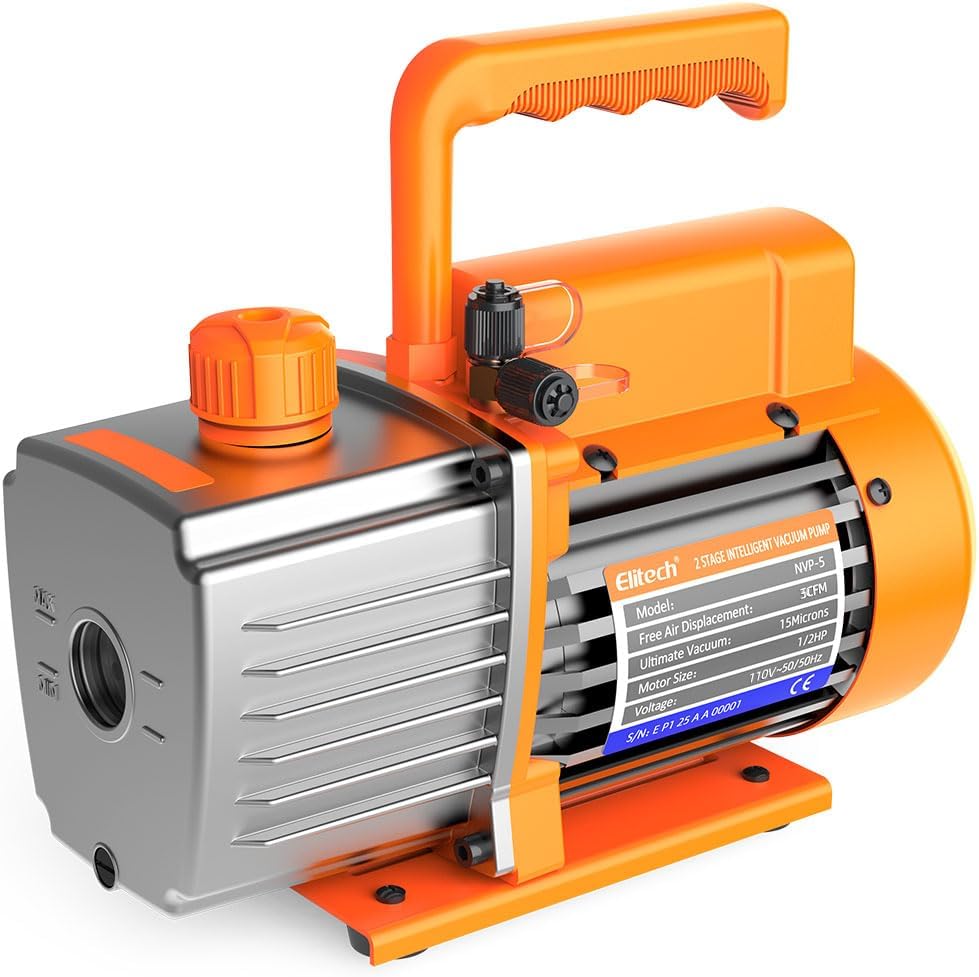 Elitech NVP-5 HVAC Vacuum Pump 5CFM 2L/S 1/3HP Single Stage Rotary Vane Air Vacuum Pump for HVAC and Refrigeration Systems, Durable and Easy to Maintain