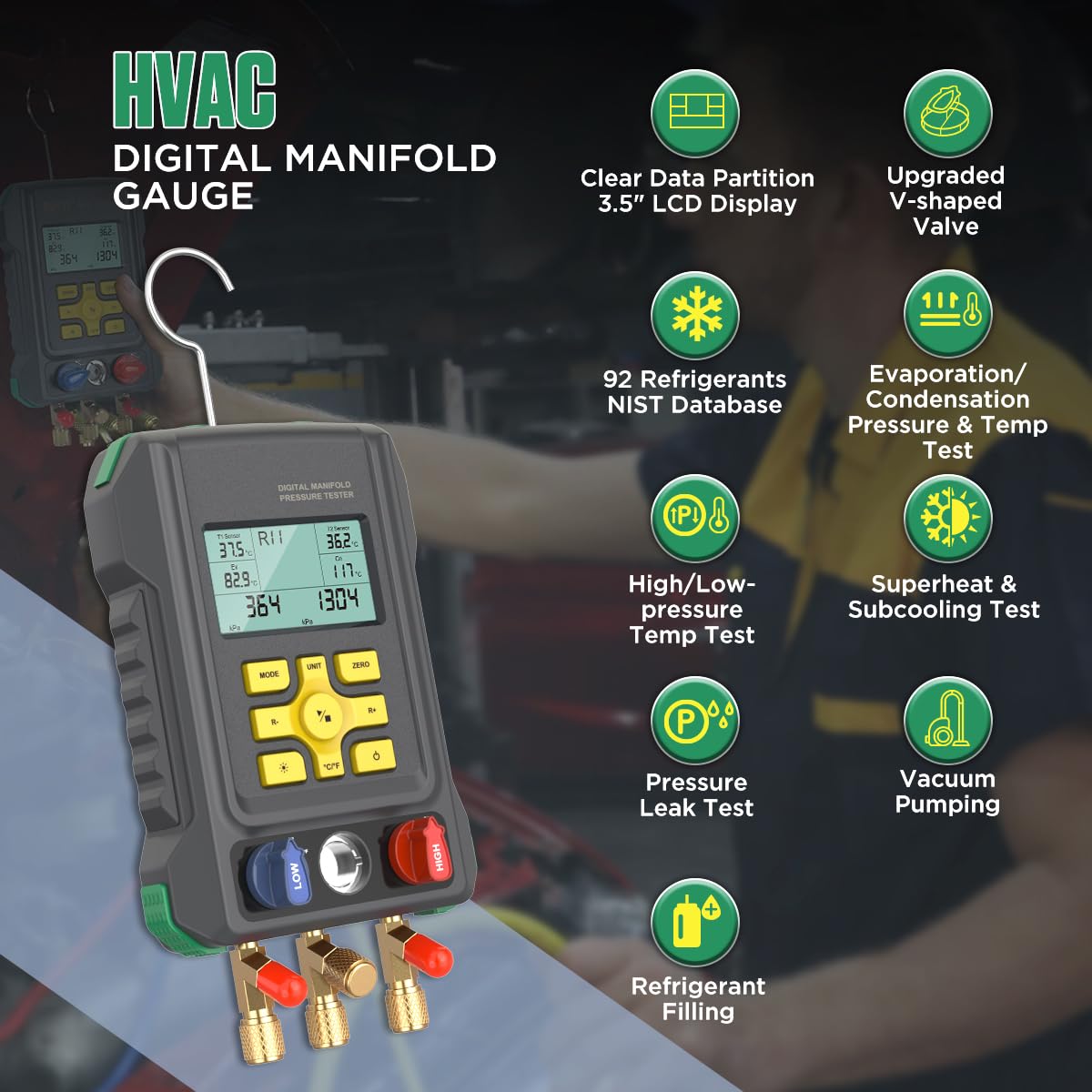 HVAC Digital Manifold Gauge Set for 92 Refrigerant Digital HVAC Gauges Pressure&Temp Test R134A R410A R404A R22 Refrigerant Gauges with Hoses, Upgraded Ball Valve,for Air Conditioning & Refrigeration
