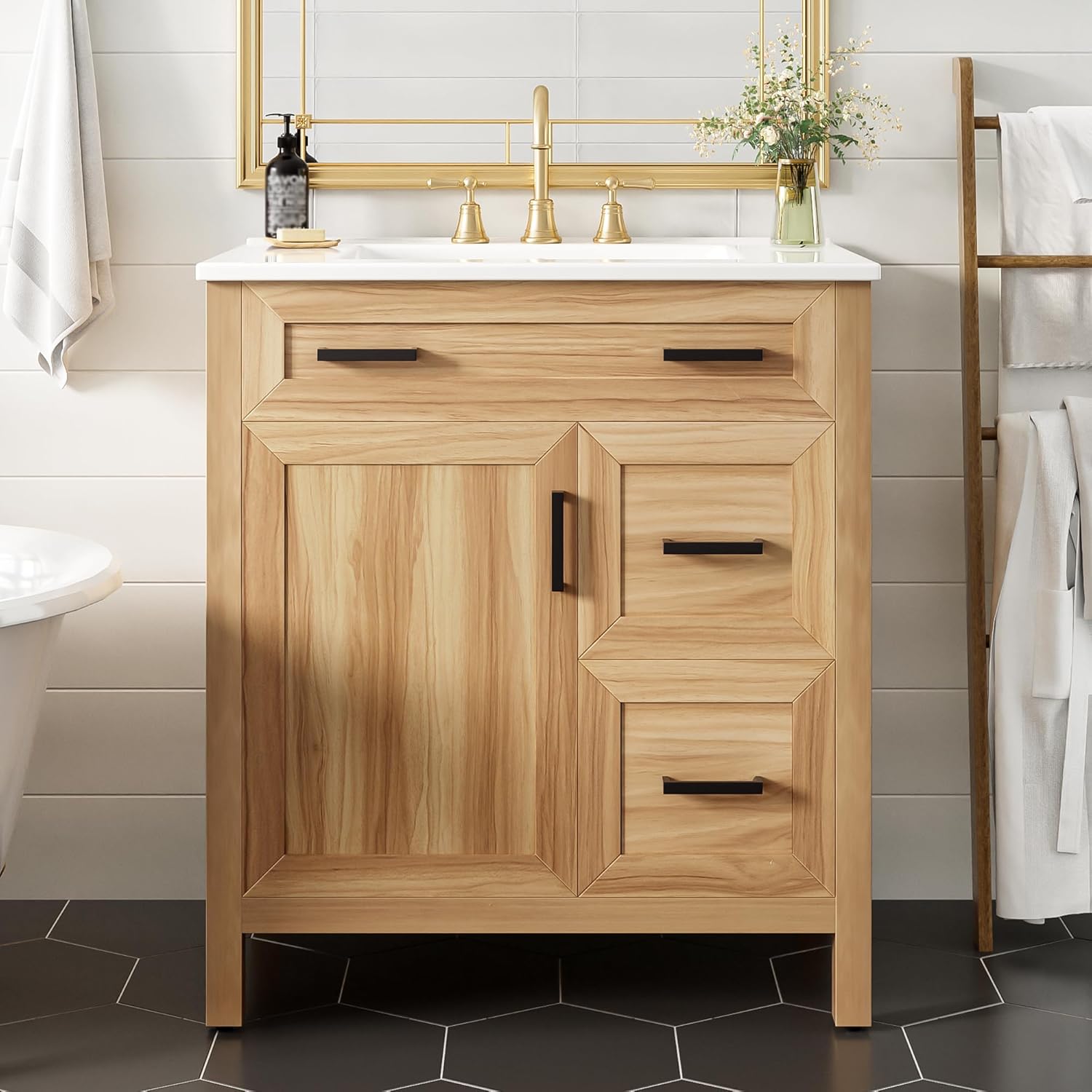 Merax 24'' Bathroom Vanity Cabinet with Ceramic Sink Combo Set, Solid Wood Frame Modern Bathroom Storage Cabinet with 2 Drawers, Black