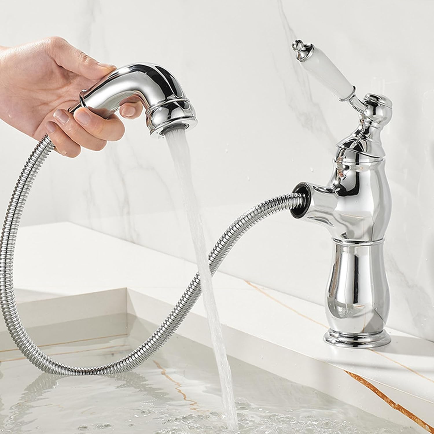 Bathroom Sink Faucet with Pull Out Sprayer, Single Hole Bathroom Faucet, Retro Baisn Faucet, Single Handle Lavatory Sink Faucet, Vintage Bathroom Faucet,Gold