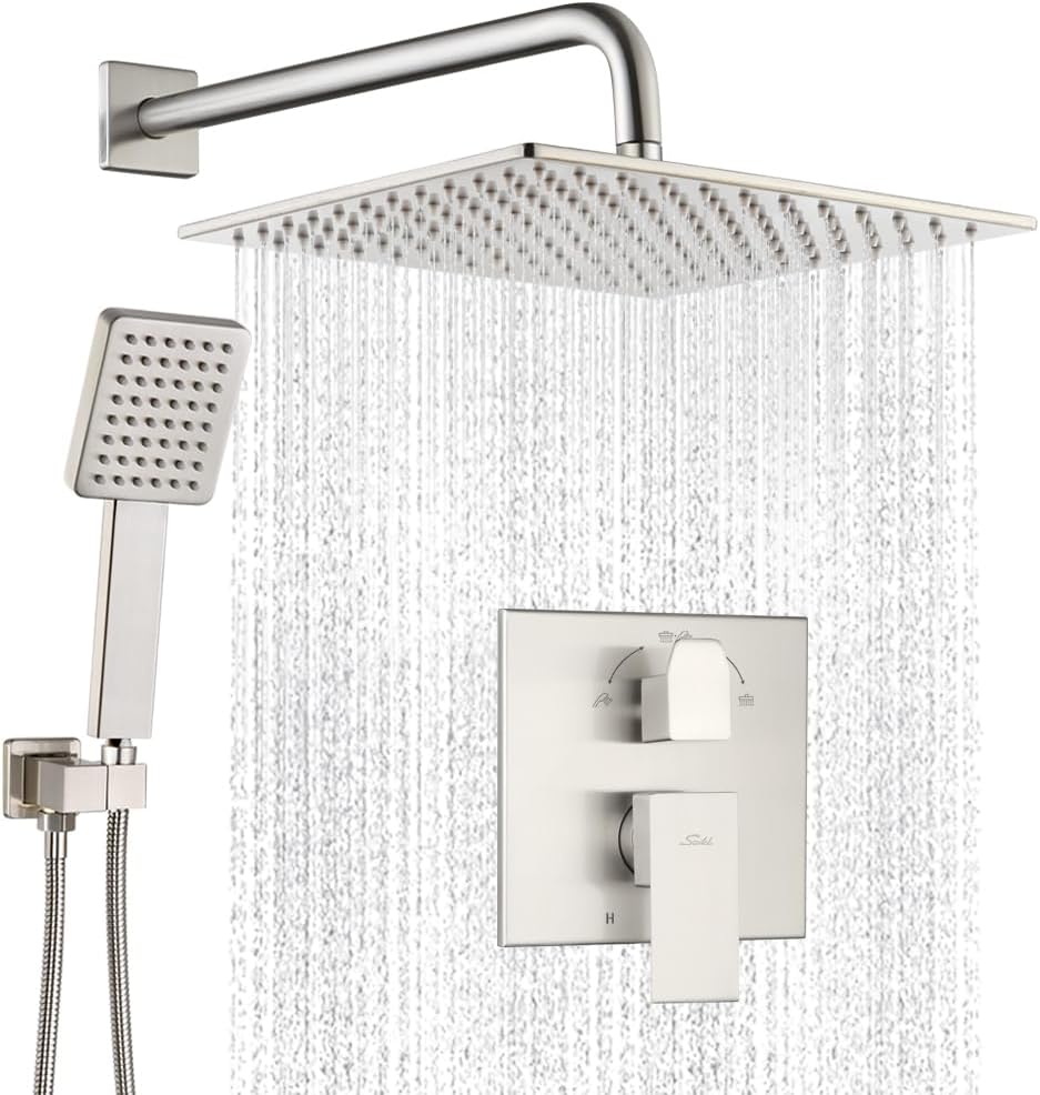12 Inch Rain Shower Faucet Set High Pressure Shower Head and Handle Set Wall Mounted Bathroom Shower System Shower Fixture with Rough in Valve and Trim Kit,Brushed Gold