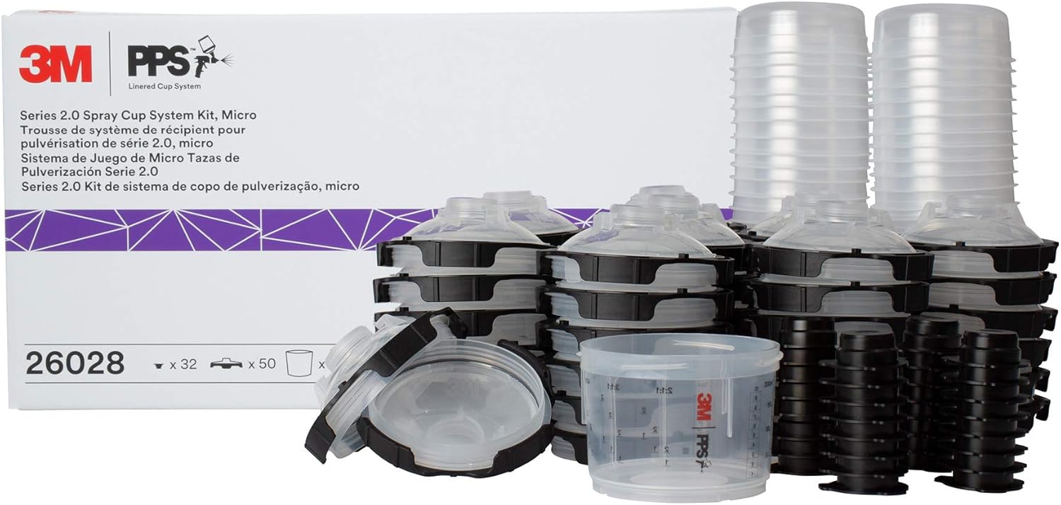 3M PPS 2.0 Spray Gun Cup, Lids and Liners Kit, 26028, Micro, 3 Ounces, 200-Micron Filter, Use for Cars, Furniture, House and More, 1 Mini Paint Cup, 50 Micro Liners, 50 Lids, 32 Sealing Plugs