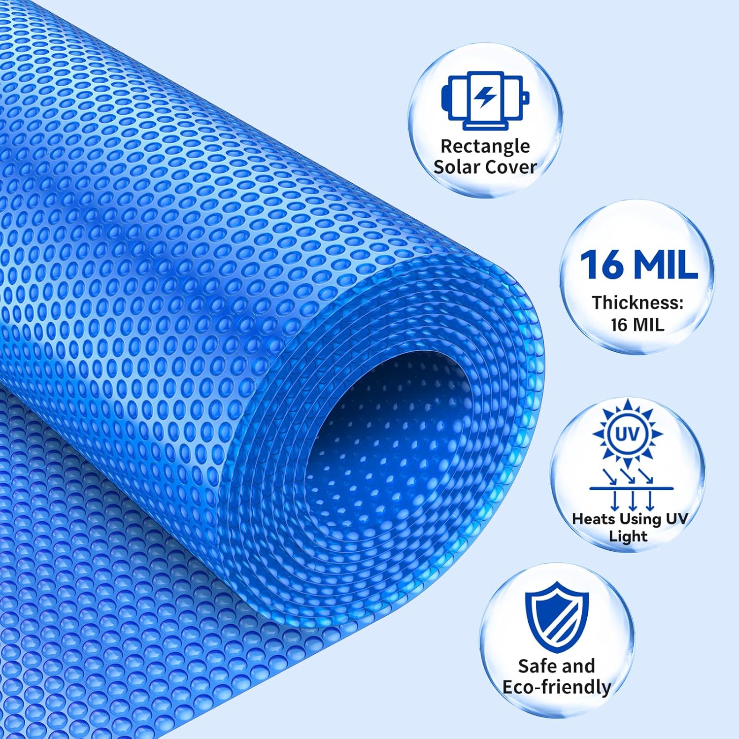 BigXwell Solar Pool Cover, Blue 16-mil 16 x 32 Foot Rectangle for In-Ground Pools, 1600 Series Heavy-Duty Insulating Pool Heater Covers.