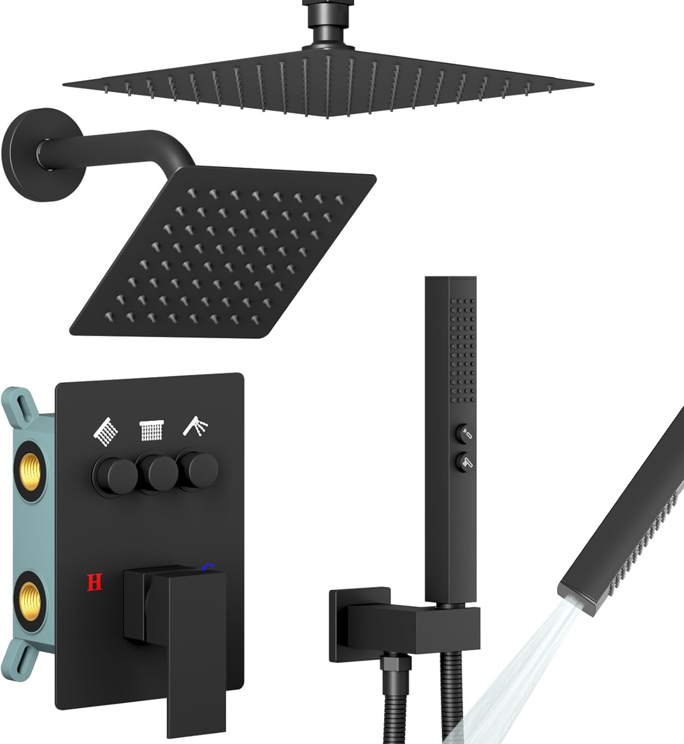 Shower Faucet Set Matte Black Shower System, 3 Modes Shower Faucet Trim Kit with 6 Inch Wall Mount Shower Head and 10 Inch Ceiling Mount Shower Head and 2 in 1 Handheld Shower