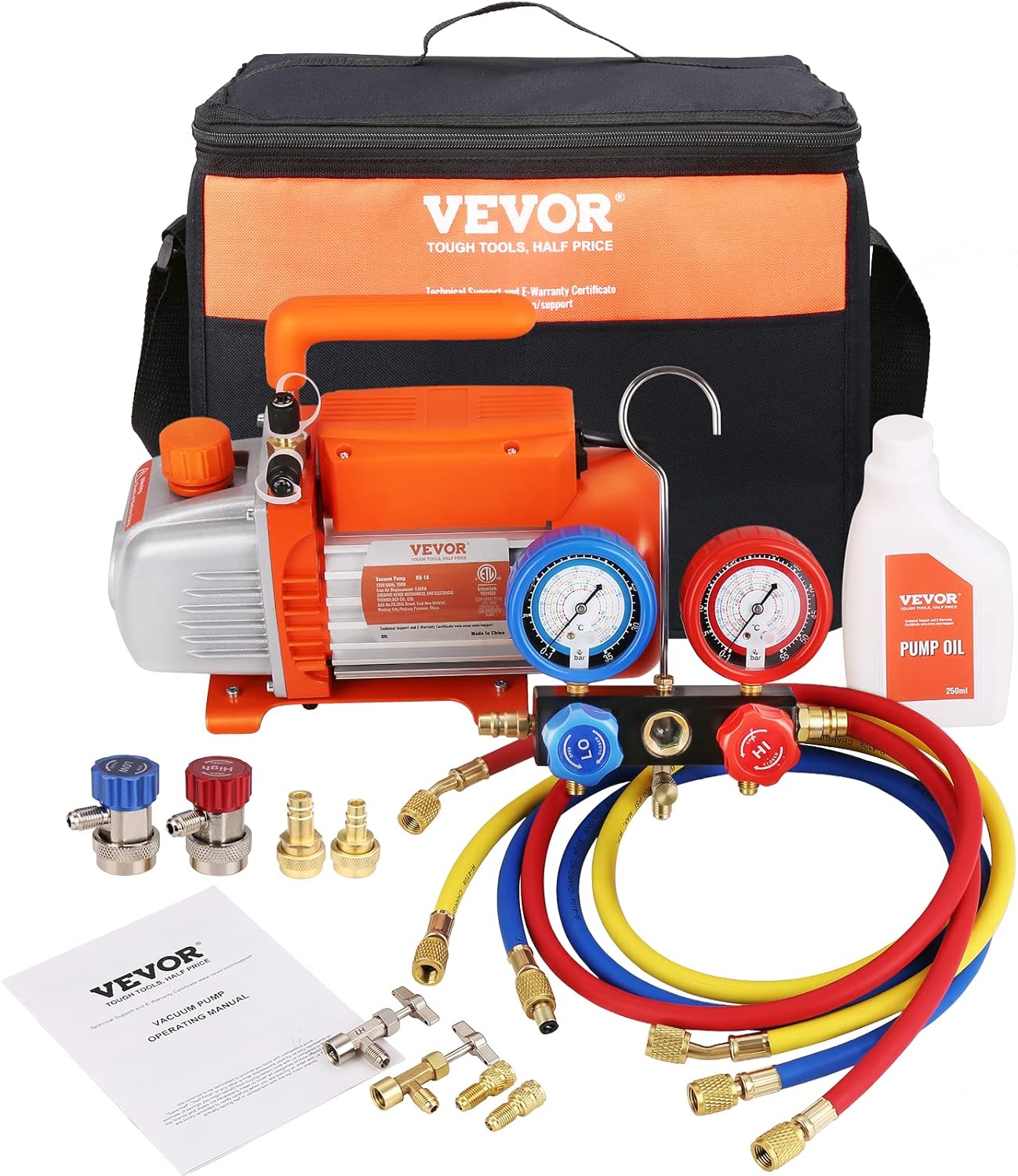 VEVOR 3.5 CFM AC Vacuum Pump and Gauge Set, Including R134a Quick Coupler and R1234yf Adapter Suitable for R134a, R1234yf Refrigerants