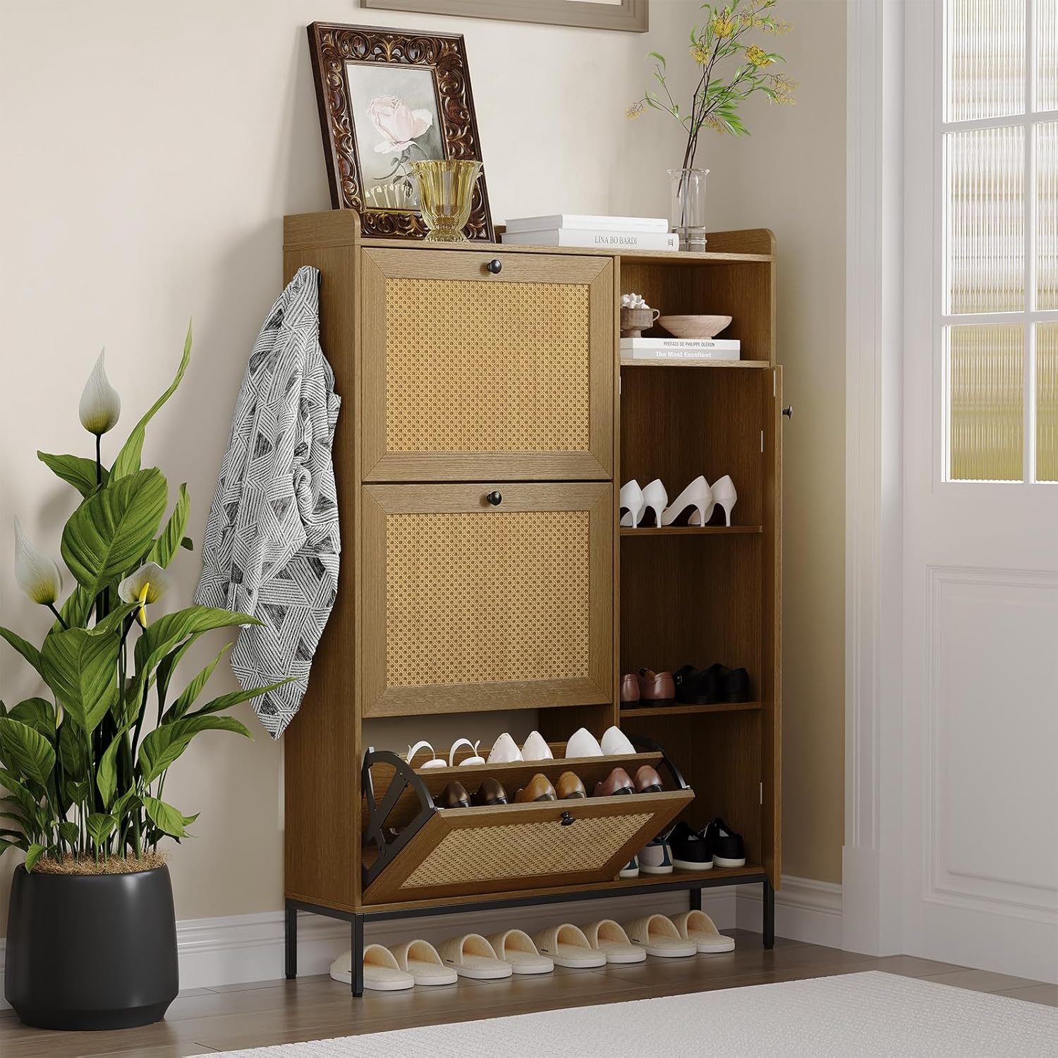 3 Tier Rattan Shoe Cabinet with Flip Out Drawers, Free Standing Narrow Shoe Cabinet with Adjustable Shelves, Top Grate, Shoe Rack Cabinet for Entryway, Wood