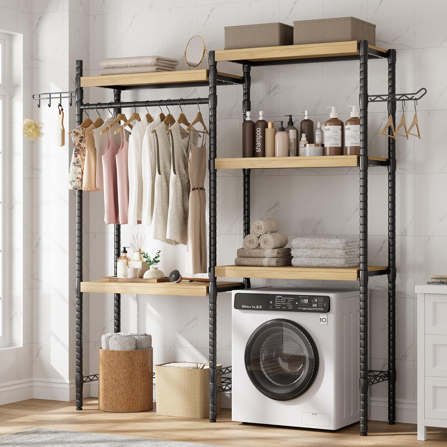 Clothes Drying Rack, Over The Washer and Dryer Storage Shelf, 5-Tier Laundry Room Storage Shelf, Bathroom Towel Rack with Adjustable Shelves and Hooks for Home Decor