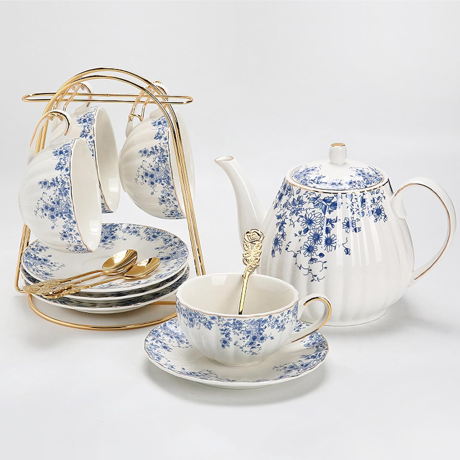 Porcelain Tea Set for Women for Adults. Blue and White Tea Set for 4, Vintage Tea Cup Set Wirh Teapot,Tea Set for Women Gift