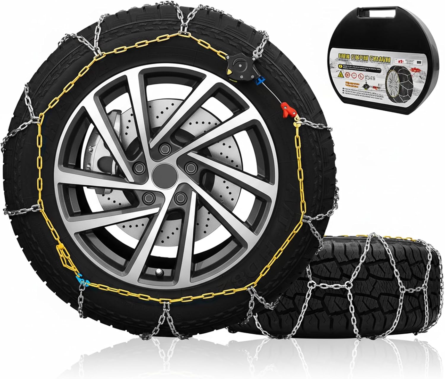 Auto Fixing Snow Chains for Car, SUV & Pickup Trucks – 1-Min Quick Install, Reusable Emergency Tire Chains for Snow & Ice Traction – Set of 2 (HKN120)
