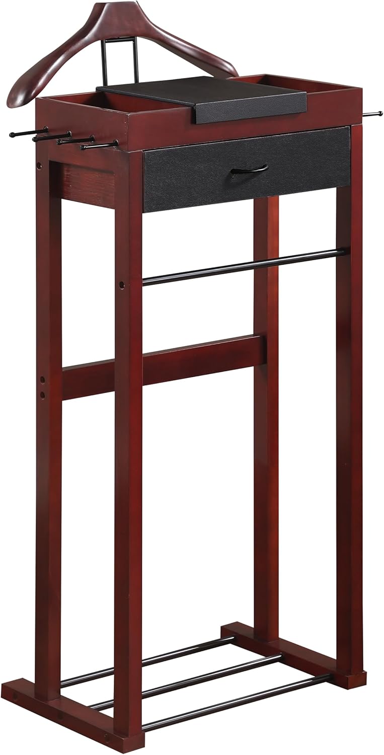 Proman Products Winston Freestanding Wooden Clothes Valet Stand Organizer with Hanger, Pant Rod, Drawer, Tie hook, Tray, Shoe Rack for men and women (Mahogany)