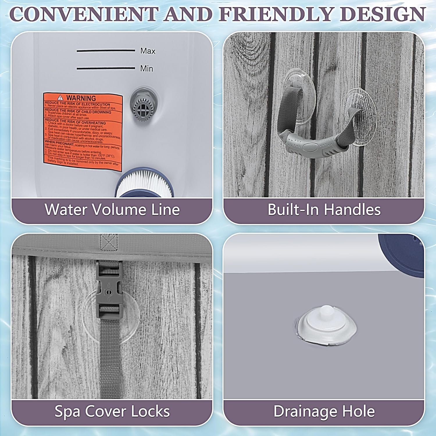 Seizeen 4-6 Person Inflatable Hot Tub, Portable Outdoor Spa Square Hot Tub with 130 Soothing Bubble Jets, Insulated Cover and 6 Filters, Max 104℉ Blow Up Hot Tubs for Home Backyard (Wood Grain)