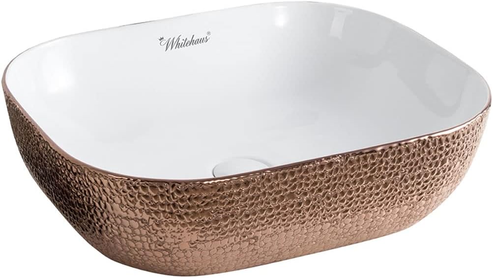 Whitehaus Collection WH71302-F23 Isabella Plus Collection Rectangular Above Mount Basin with an Embossed Exterior, Smooth Interior, and Center Drain, White/Rose Gold