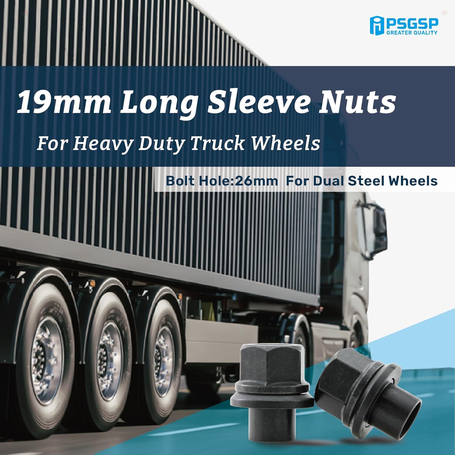 Two-Piece 19mm Sleeve Flanged Wheel Nuts 10PCS, M22x1.5 Hex:33mm Black for Heavy Duty Truck Semi Truck Fit Steel Dual Wheels with Hub Piloted Seat & 26mm Bolt Hole Size
