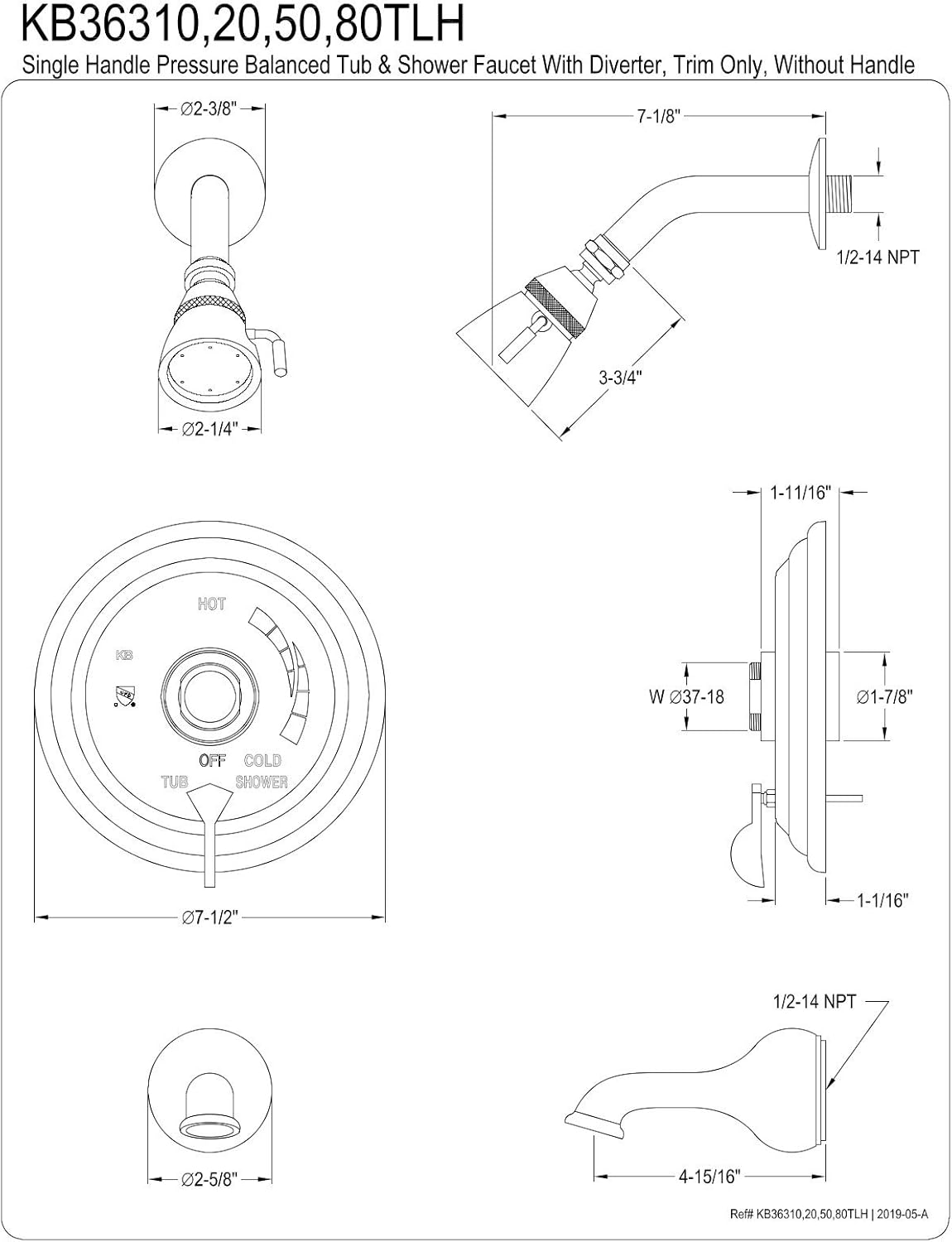 Kingston Brass KB36310TLH Tub and Shower Faucet Trim Only Without Handle, 7.5 x 7.5 x 7.13, Polished Chrome