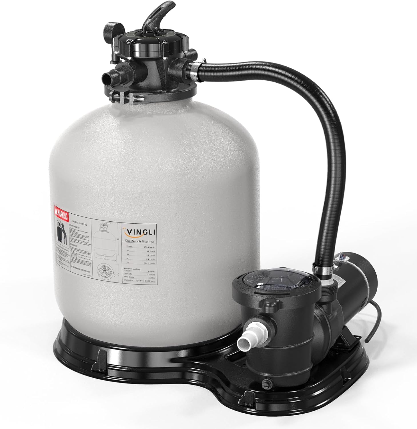 VINGLI Sand Pool Filter 24in Tank with A 1.5 HP Pump 115V Above Ground Inground Swimming Pool Pump with Filter Basket,5400GPH