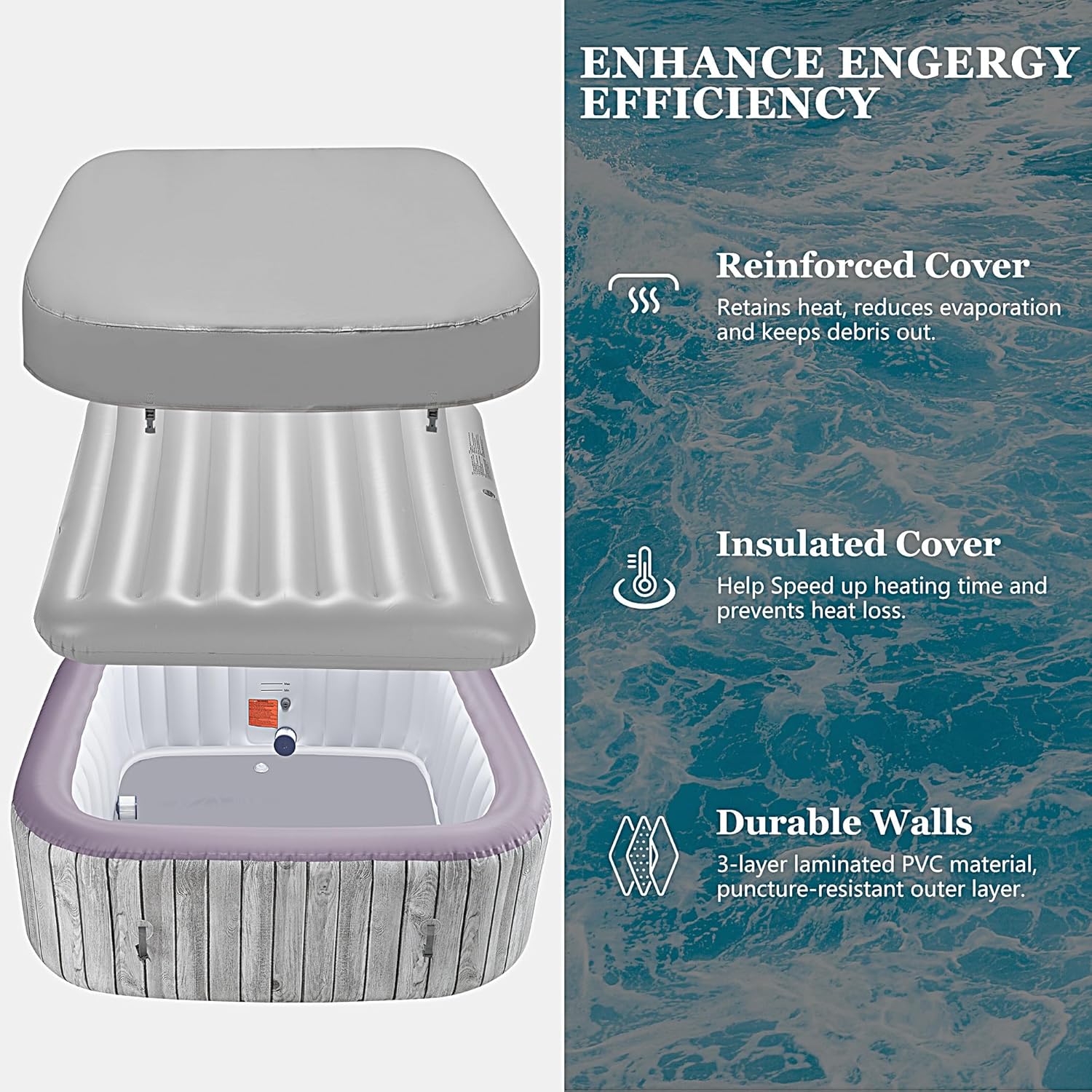 Seizeen 4-6 Person Inflatable Hot Tub, Portable Outdoor Spa Square Hot Tub with 130 Soothing Bubble Jets, Insulated Cover and 6 Filters, Max 104℉ Blow Up Hot Tubs for Home Backyard (Wood Grain)