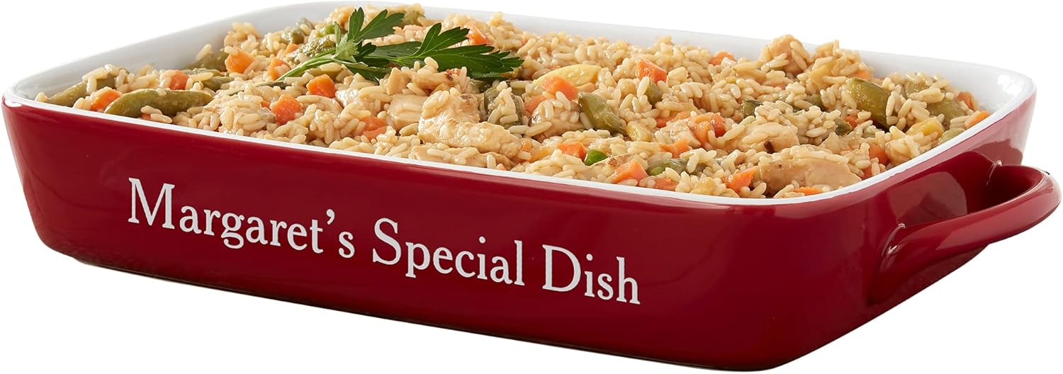 Personalization Universe Classic Ceramic Baking Dish, Custom Etched, 4 Quart Capacity, Stoneware Bakeware, Dishwasher Safe, Oven Safe, Baker Cooking Gift Perfect for Casseroles and Pies - Red