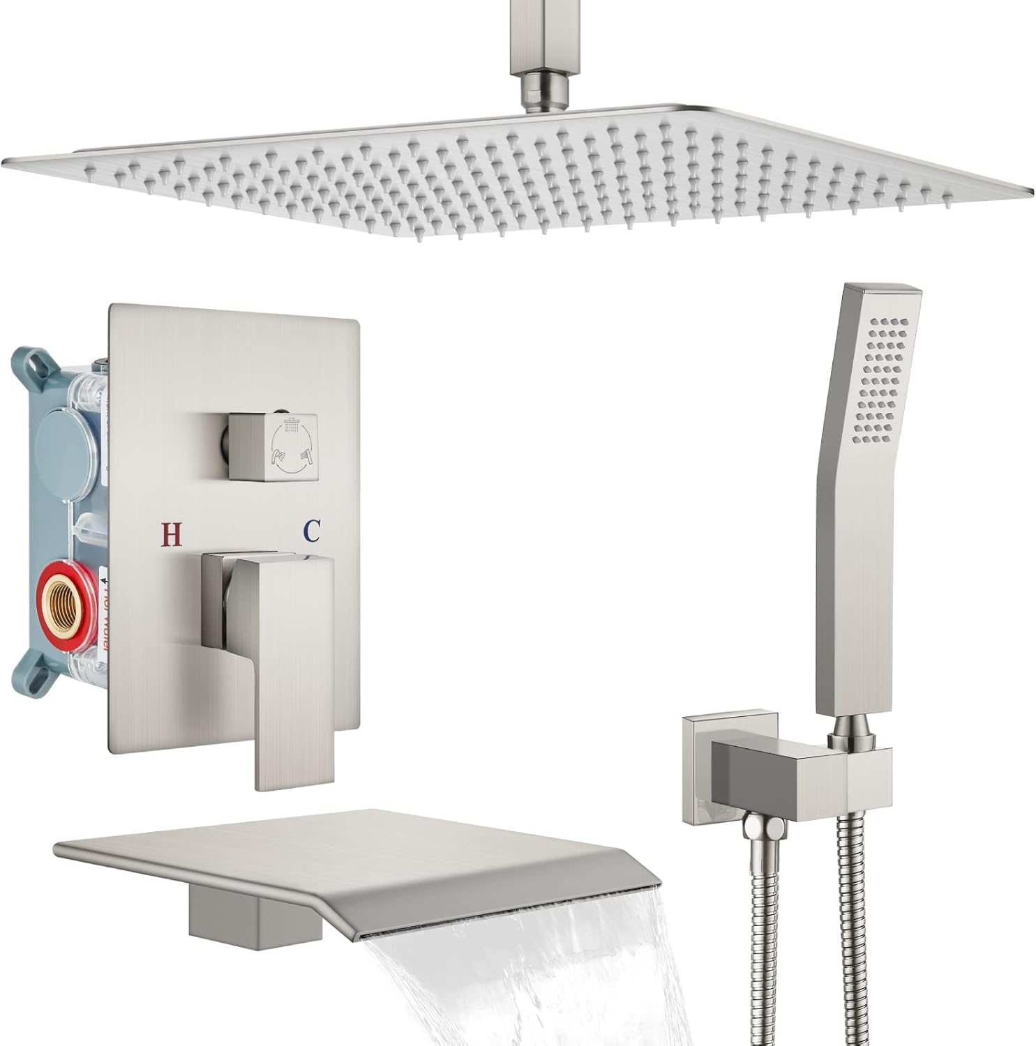 gotonovo Shower System with Tub Spout Ceiling Mount Shower Faucet Set Rain Shower Head and Handheld Combo with Waterfall Bathtub Spout Rough-in Valve Kit Included 16 inch Shower Head Matte Black