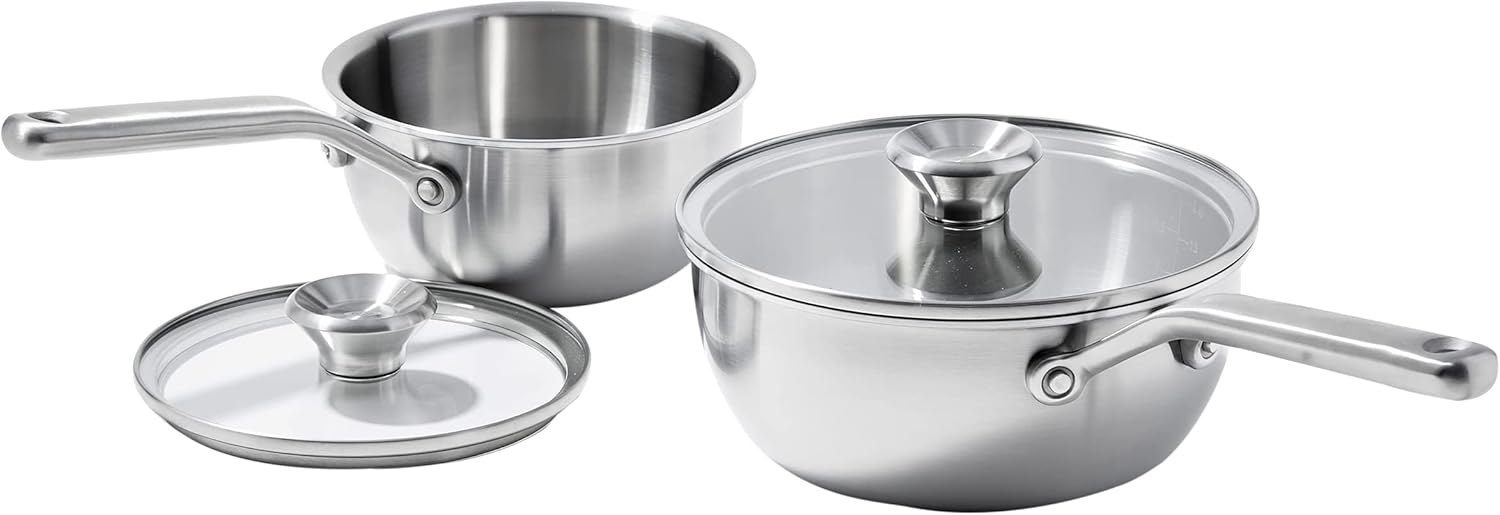 OXO Mira Tri-Ply Stainless Steel, 1.5QT Covered Chef's Pan with Lid, PFAS-Free, Multi Clad, Induction, Dishwasher Safe, Oven Safe, Silver
