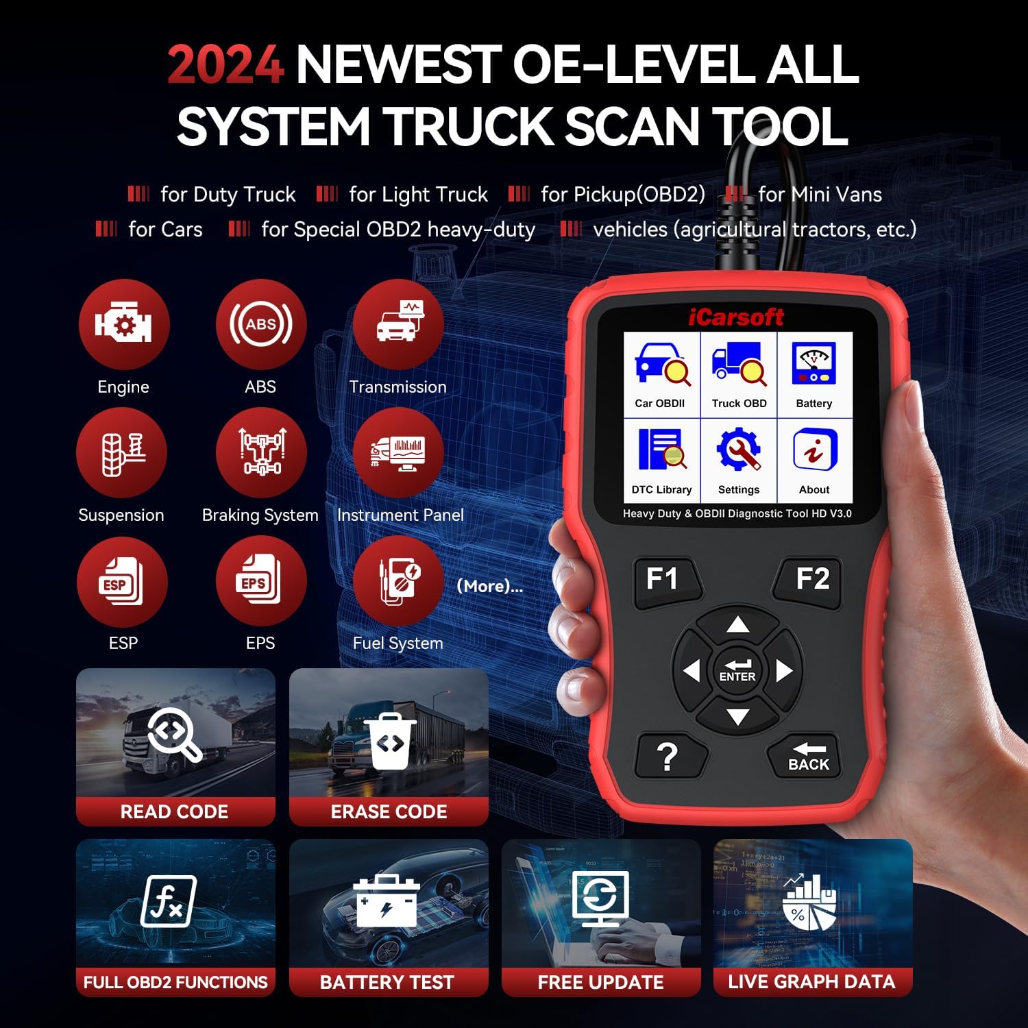 Heavy Duty Truck Scanner, iCarsoft HD V3.0 Multi-System OBD2 Diagnostic Scan Tool for Truck, Car, Mini Van, Light Duty Vehicle, Code Reader,Battery Test, Graphic Data Display-Red