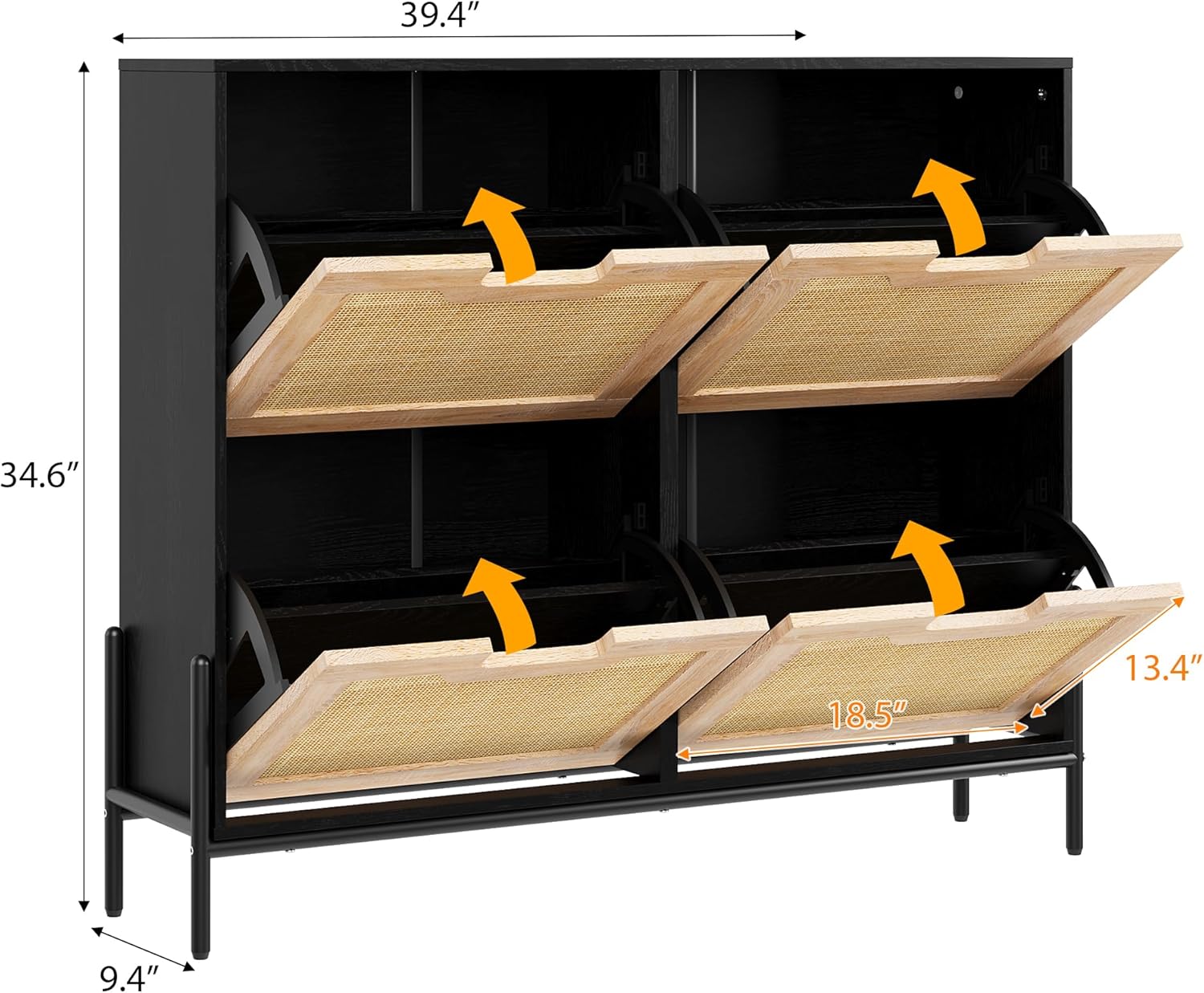 GarveeHome Natural Rattan 4 Flip Door Shoe Cabinet Organizer Freestanding, Shoe Rack Storage Cabinet with 3-Tier Adjustable Shelves for Entryway, Entrance Hallway, Black