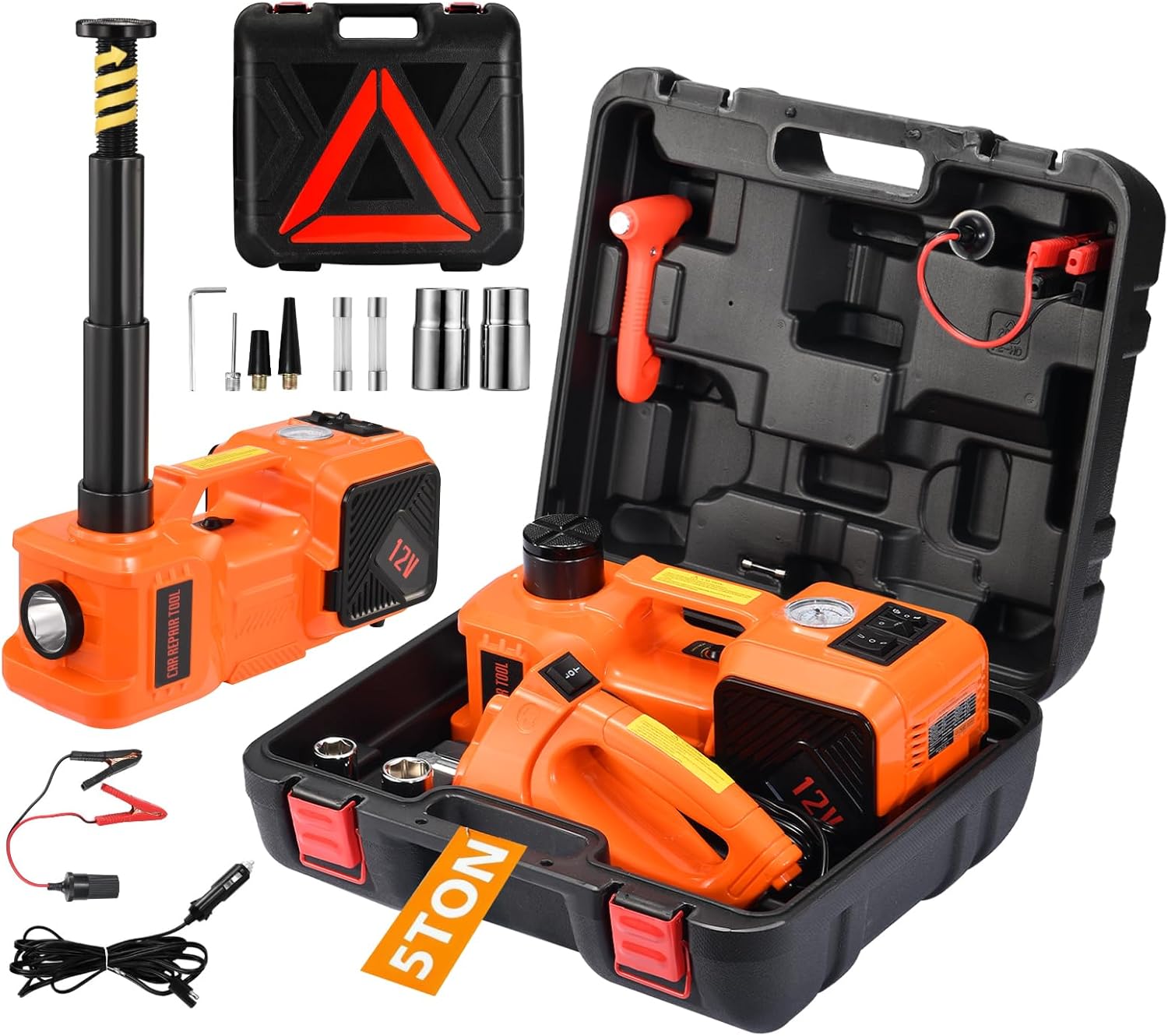 Electric Car Jack Kit 5 Ton 12V Floor Jack Portable Hydraulic Car Jack with Impact Wrench and Tire Inflator Pump for SUV Sedans Tire Change with LED Light, Lifting Height 6 to 17.7 Inch
