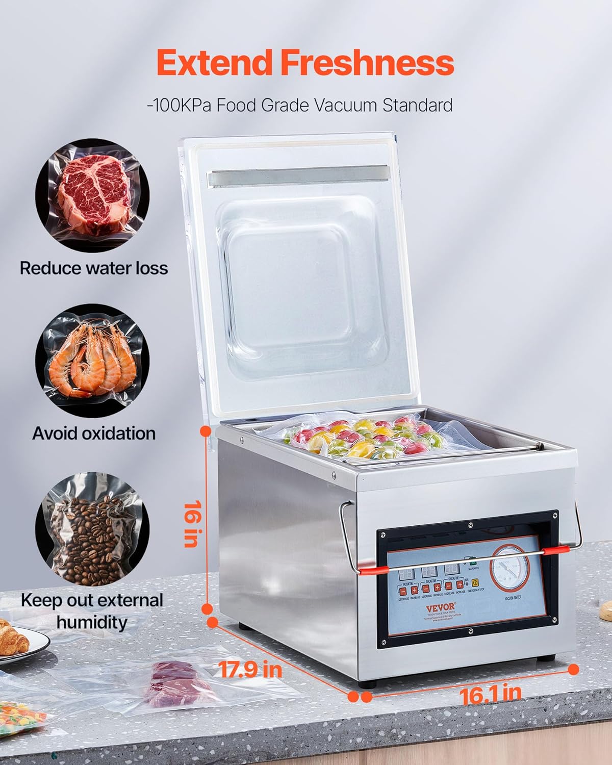 VEVOR Chamber Vacuum Sealer, 320W Sealing Power, Vacuum Packing Machine for Wet Foods, Meats, Marinades and More, Compact Size with 12.6 in Sealing Length, Applied in Home Kitchen and Commercial Use