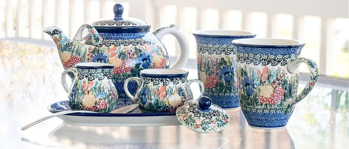 Blue Rose Polish Pottery - Blue Summer Blooms Large Coffee Mug - 14 oz - Oversized Mug for Coffee Lovers