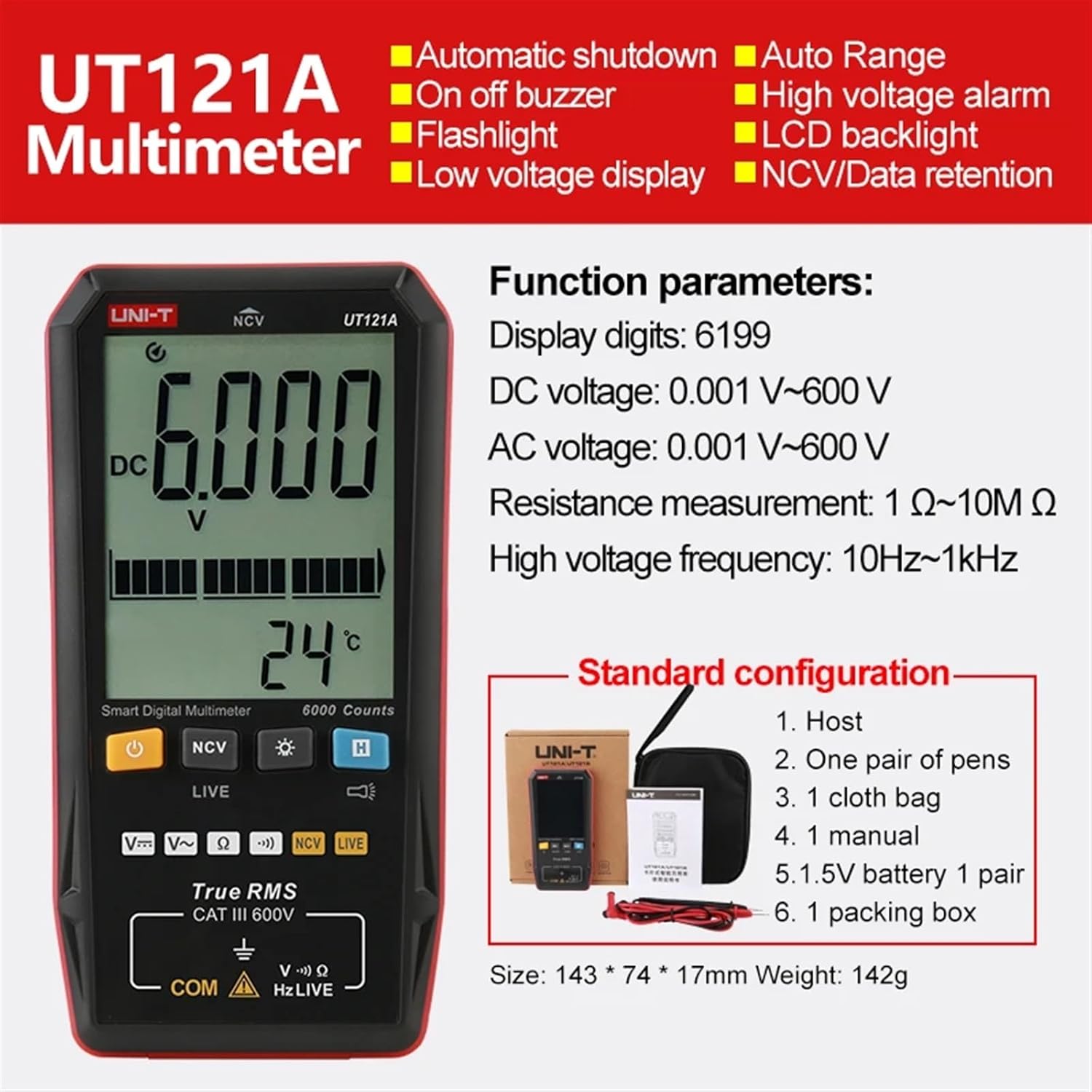 Digital Multimeter UT121A UT121B UT122 AC Voltage Tester Multimeter True RMS Digital Capacimeter Frequency Meter(UT121A)