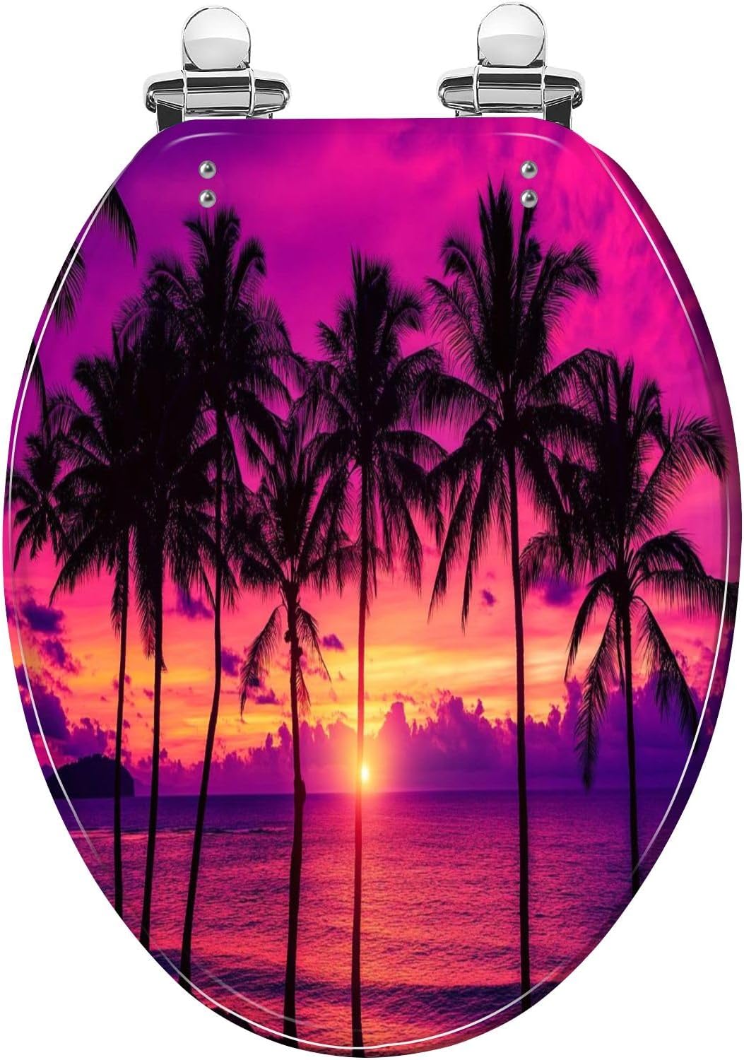 Elongated Toilet Seat Coconut palm trees tropical island beach colorful sunset Resin Toilet Seat Quietly Close Quick Release Hinges Decorative Toilet Seat with Cover Easy to Install