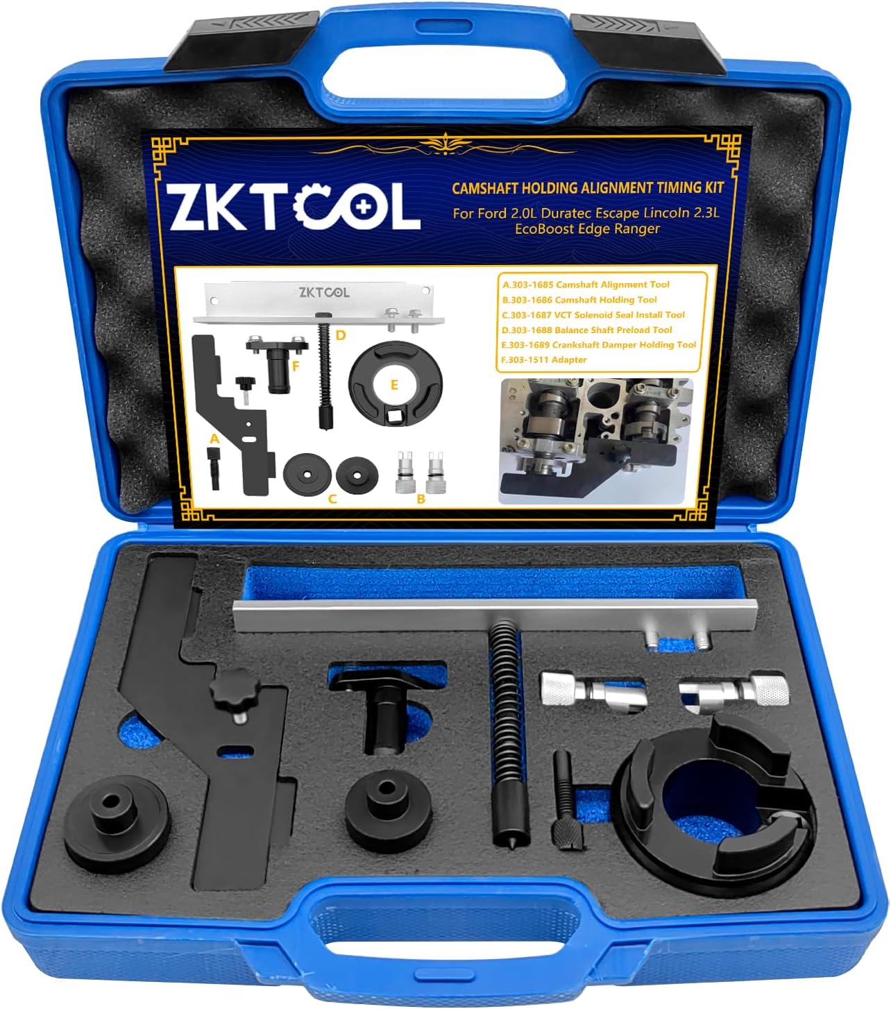 ZKTOOL Camshaft Holding Alignment Timing Kit,Crankshaft Damper Holder Balance Shaft Preload Tool Vct Solenoid Seal Installer Fit for Ford 2.0 2.3 303-1551 303-1685 303-1686 303-1687 303-1688 303-1689