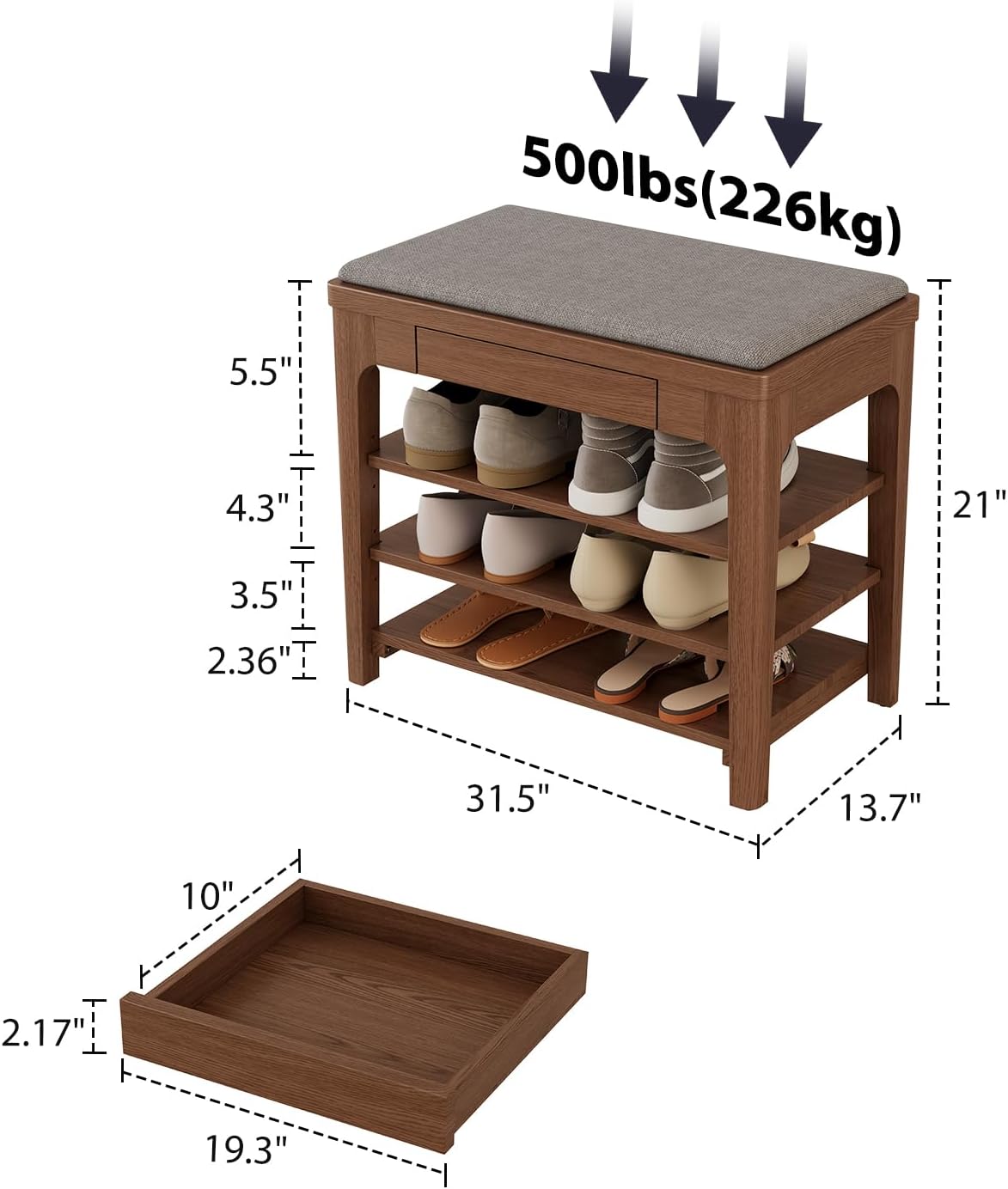 Small Shoe Bench with Storage, Wooden Shoe Storage Bench with Cushion&Hidden Drawer, 3-Tier Shoe Rack Bench for Entryway, Mudroom, Hallway
