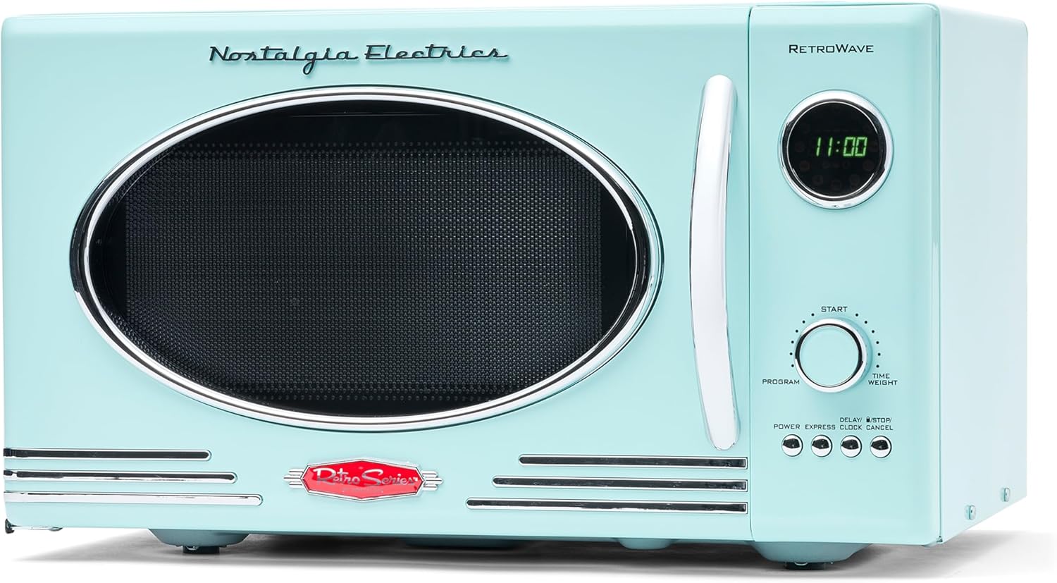 Nostalgia Retro Countertop Microwave Oven, 0.9 Cu. Ft. 800-Watts with LED Digital Display, Child Lock, Easy Clean Interior, Aqua