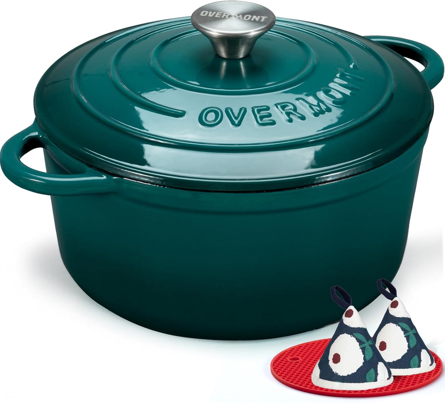 Overmont Enameled Cast Iron Dutch Oven - 7QT Pot with Lid Cookbook & Cotton Potholders - Heavy-Duty Cookware for Braising, Stews, Roasting, Bread Baking red