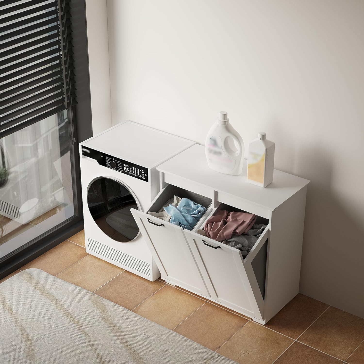KEIKI Double Tilt Out Laundry Hamper Cabinet, with 2 Removable Liner Bags, Double Doors Hidden Hamper w/Metal Handles, Free Standing Wood Laundry Sorter Floor Cabinets for Bathroom,White, (Style A)