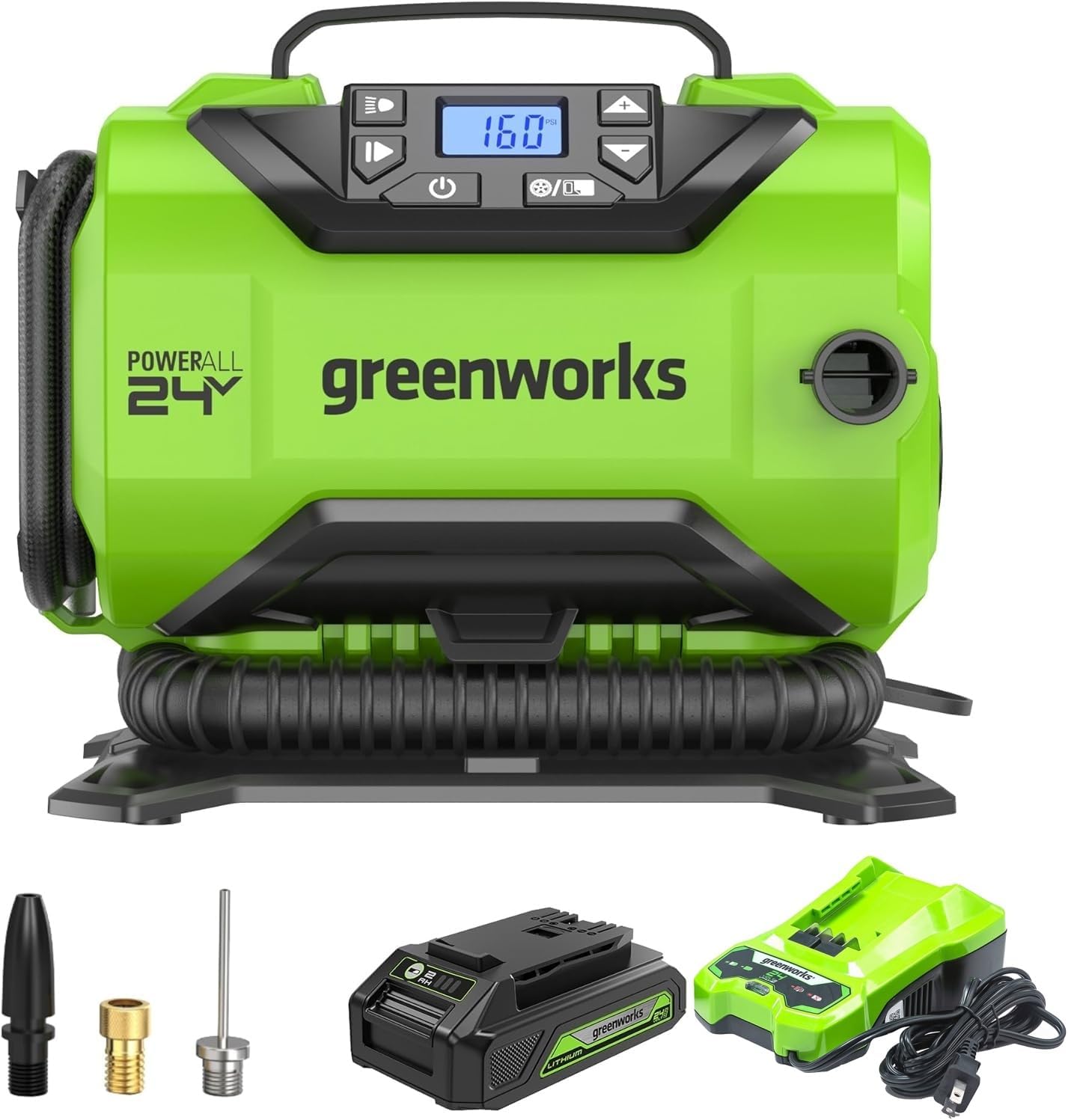 Greenworks 40V Cordless Tire Inflator, 160 PSI Portable Air Compressor, 2 Power Sources, Auto Shut Off, for Car, Bicycle, Motorcycle, Air Boat, Inflatables, Tool Only