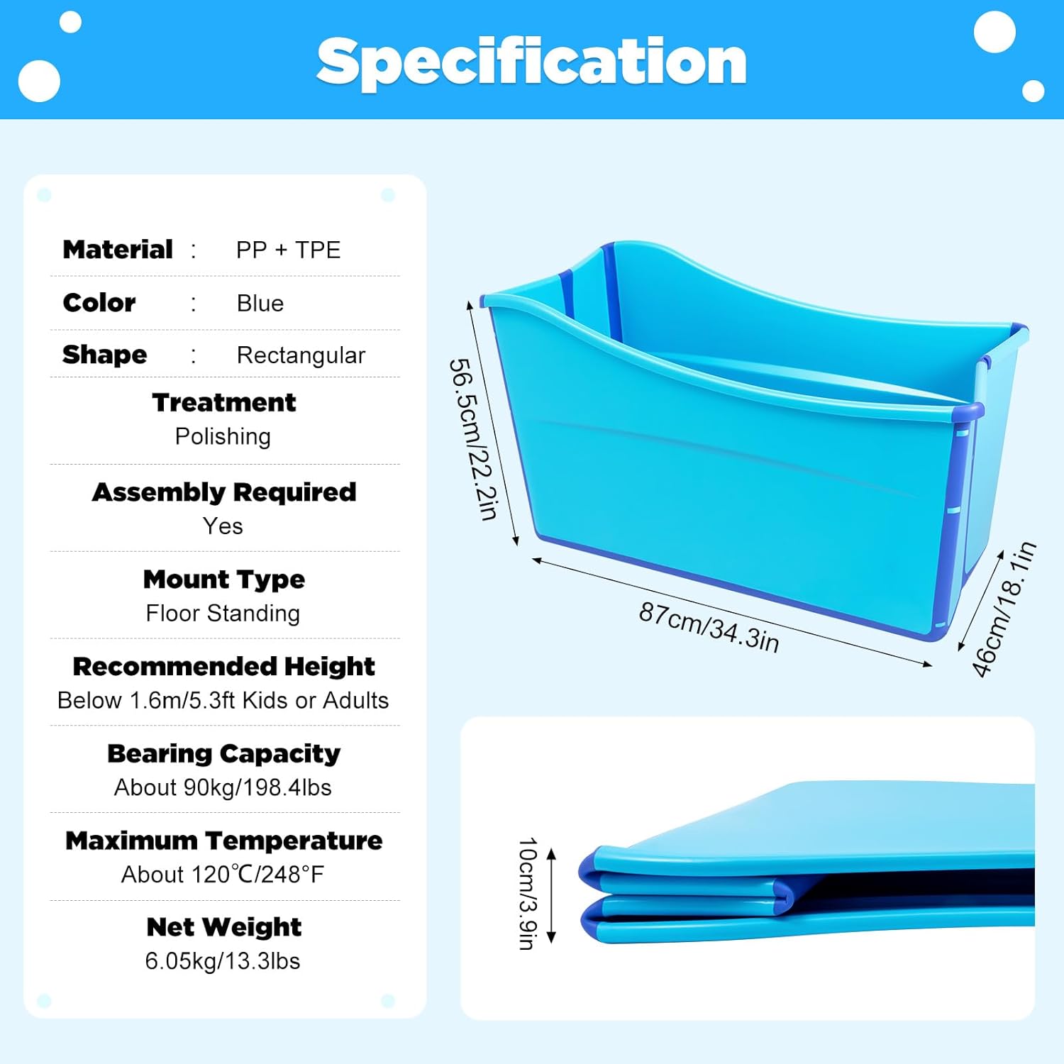 Foldable Bath Tub, 34 Inch Freestanding Thickened Plastic Blue Collapsible Soaking tub, Rectangle Water Bathtub Bucket for RVs, Showers, Hotels,Backyards, Bathrooms