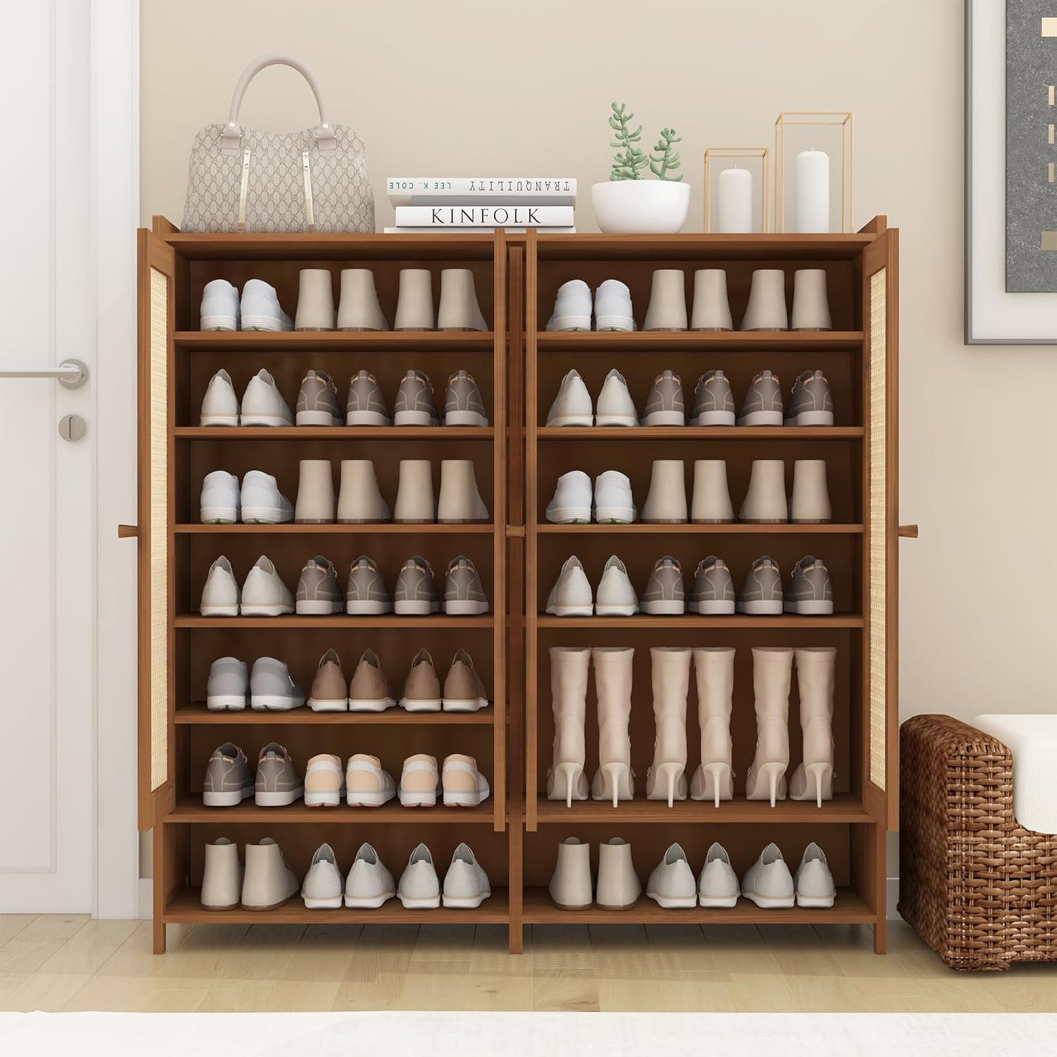 Shoe Cabinet,Upgraded Large Shoe Storage Organizer,Rattan Shoe Cabinet with Doors and Shelves,Heavy Duty 8-Tier BambooShoe Rack (8 Tier)